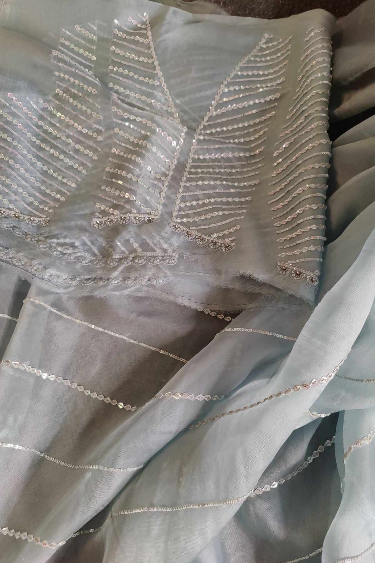 GREY ORGANZA PURE HANDLOOM EMBROIDERY SAREE
