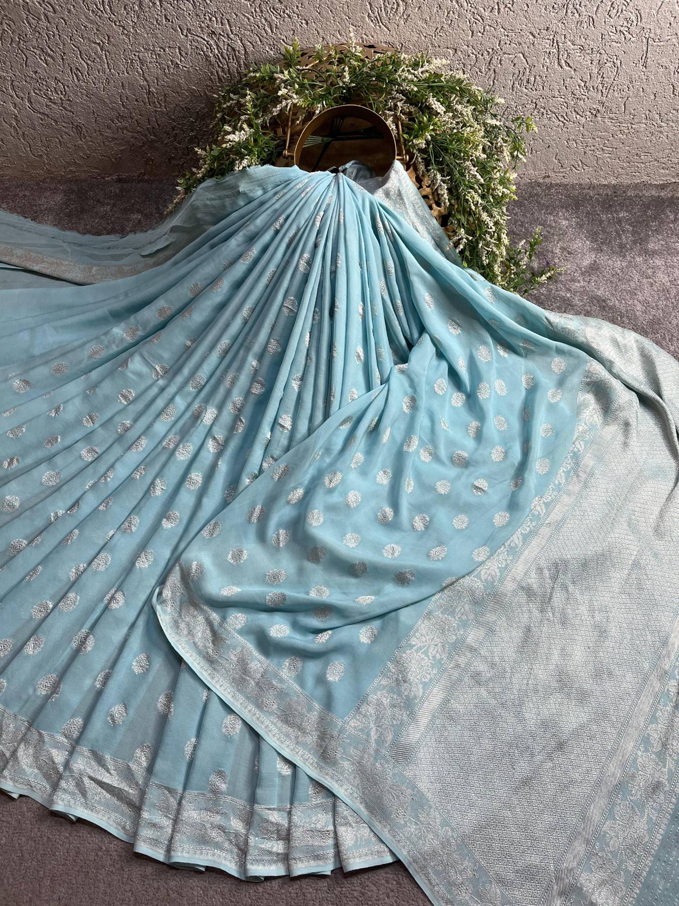 POWDER BLUE CHIFFON PURE HANDLOOM BANARASI SAREE
