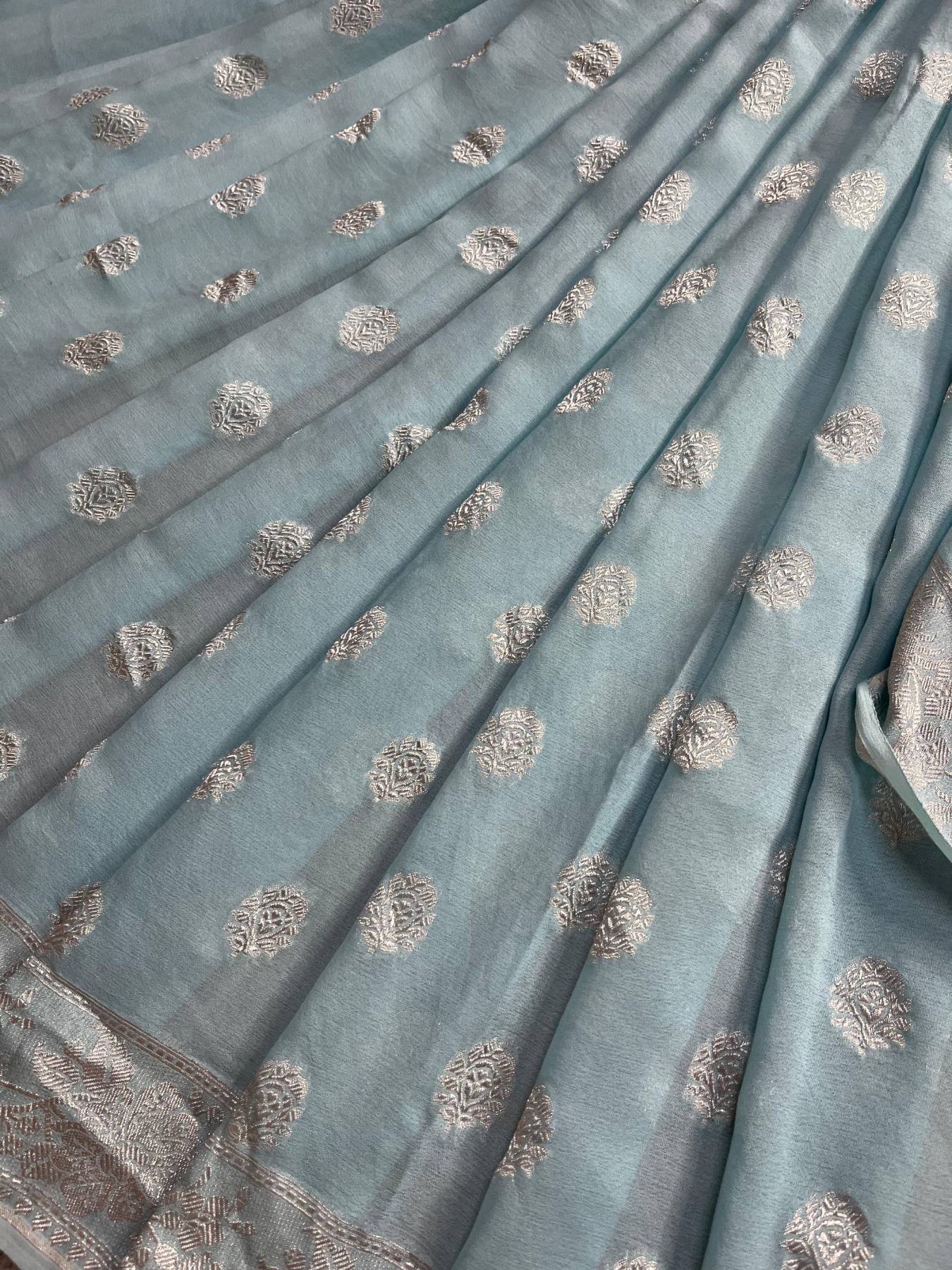 POWDER BLUE CHIFFON PURE HANDLOOM BANARASI SAREE