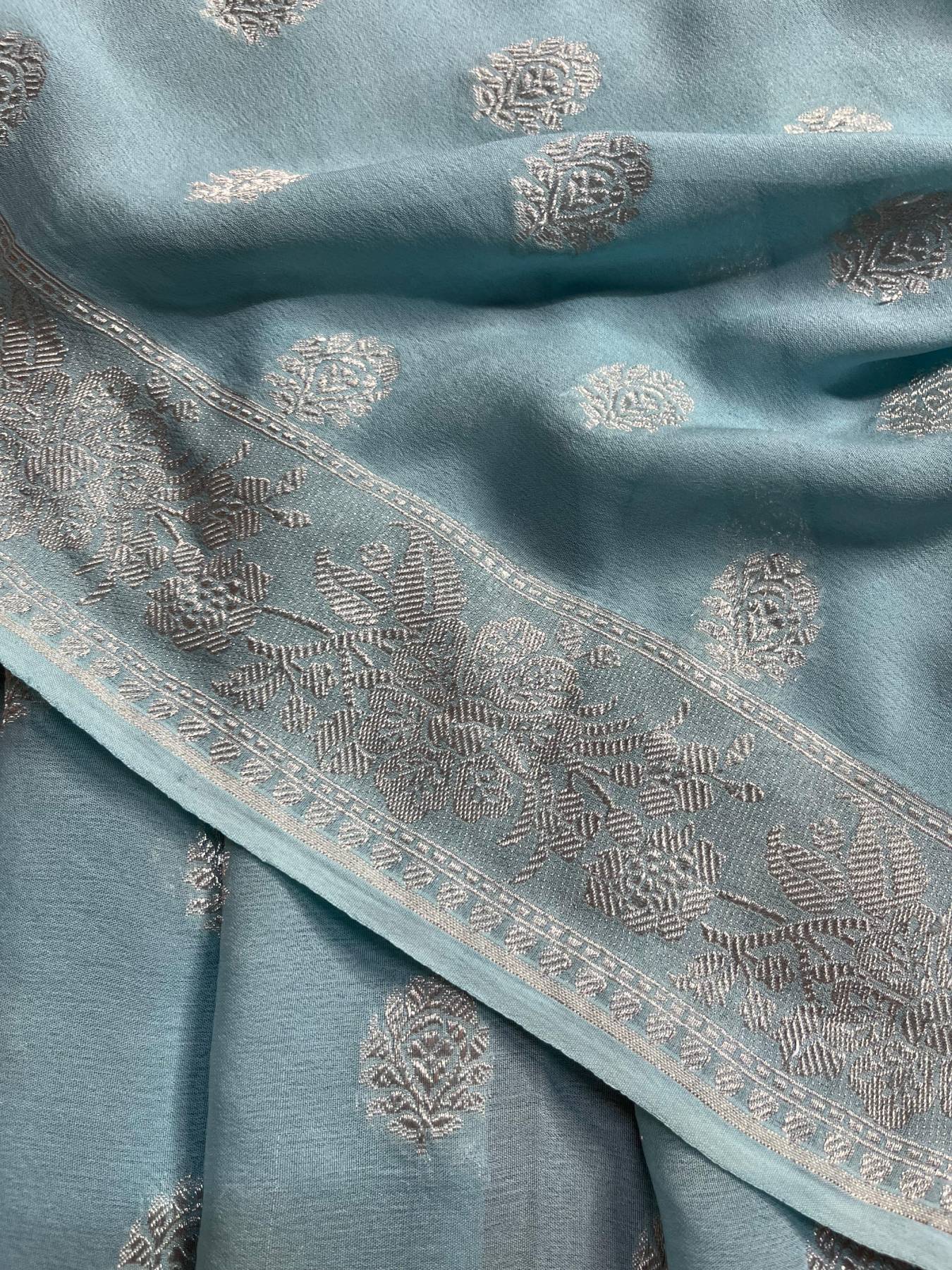 POWDER BLUE CHIFFON PURE HANDLOOM BANARASI SAREE