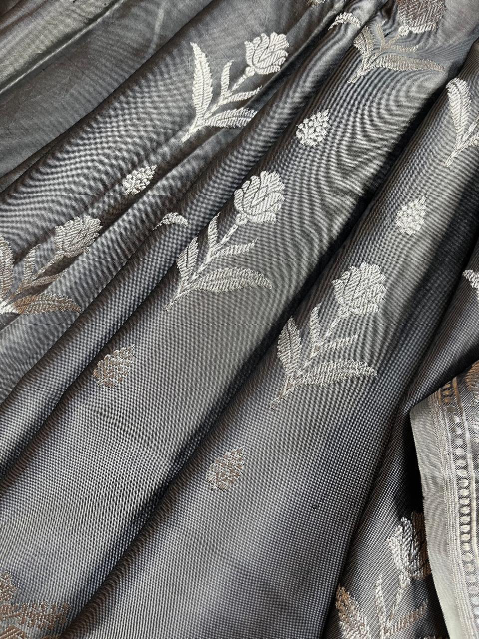 GREY BOTH SIDE SILK PURE HANDLOOM BANARASI SAREE