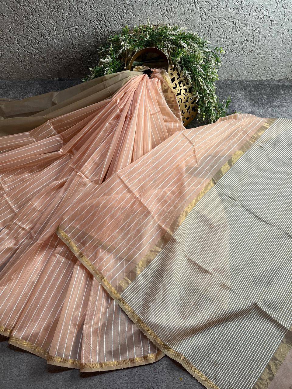 PEACH SICO PURE HANDLOOM MAHESHWARI SAREE