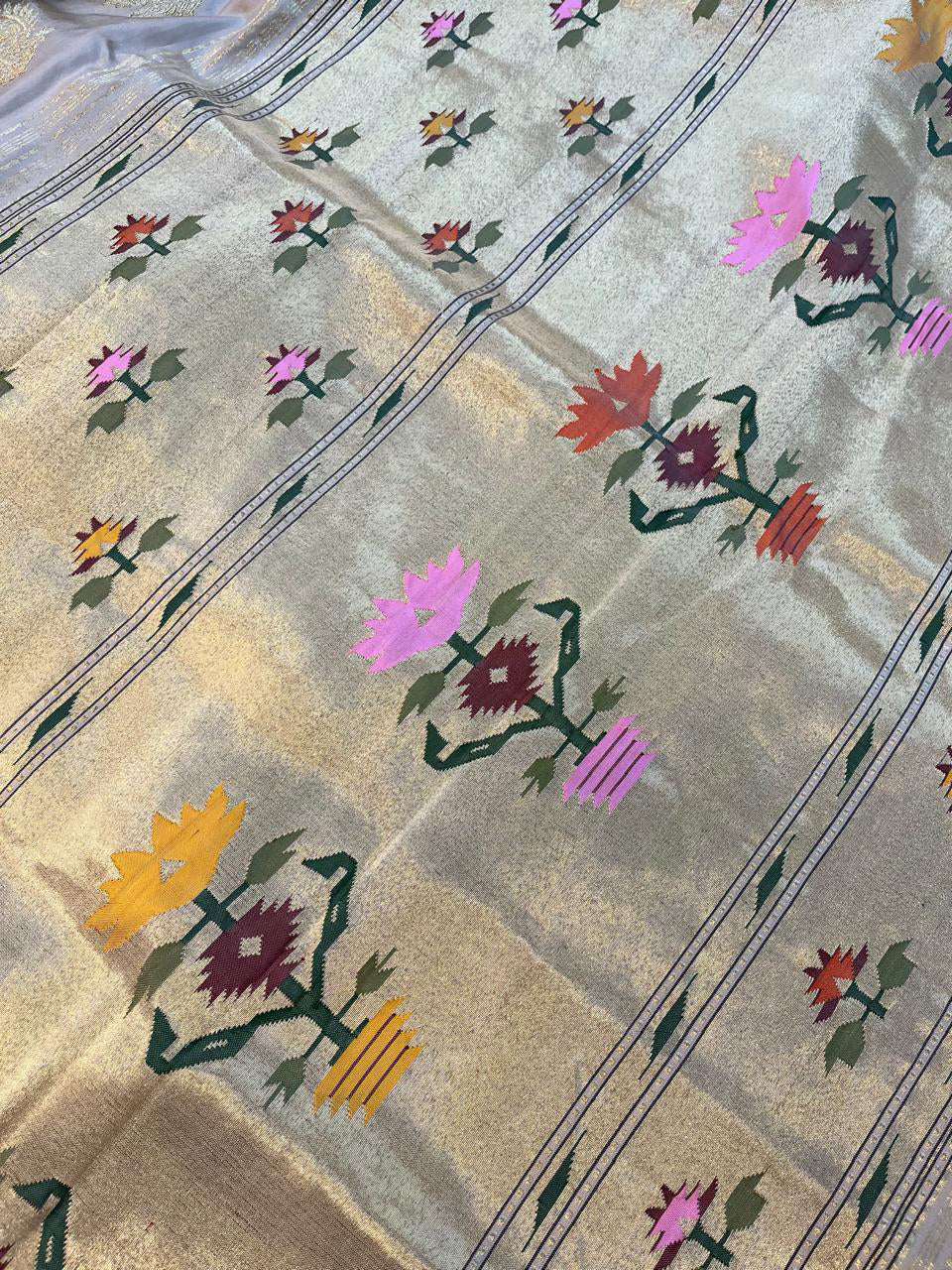 BEIGE SILK PURE HANDLOOM PAITHANI SAREE