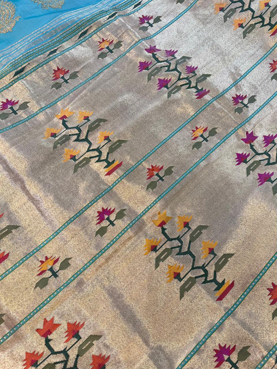 TURQUOISE BLUE SILK PURE HANDLOOM PAITHANI SAREE