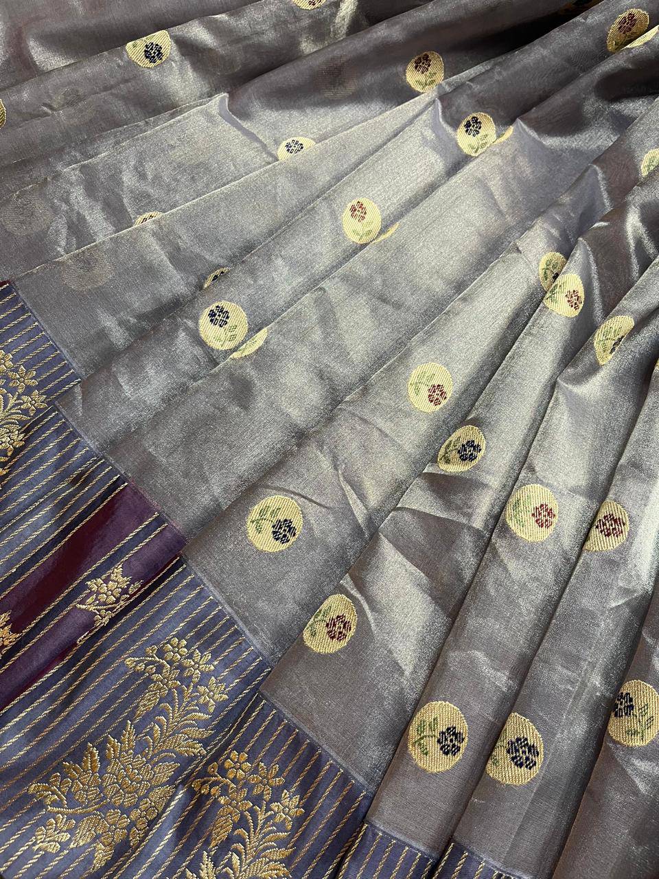GREY KORA TISSUE PURE HANDLOOM BANARASI SAREE