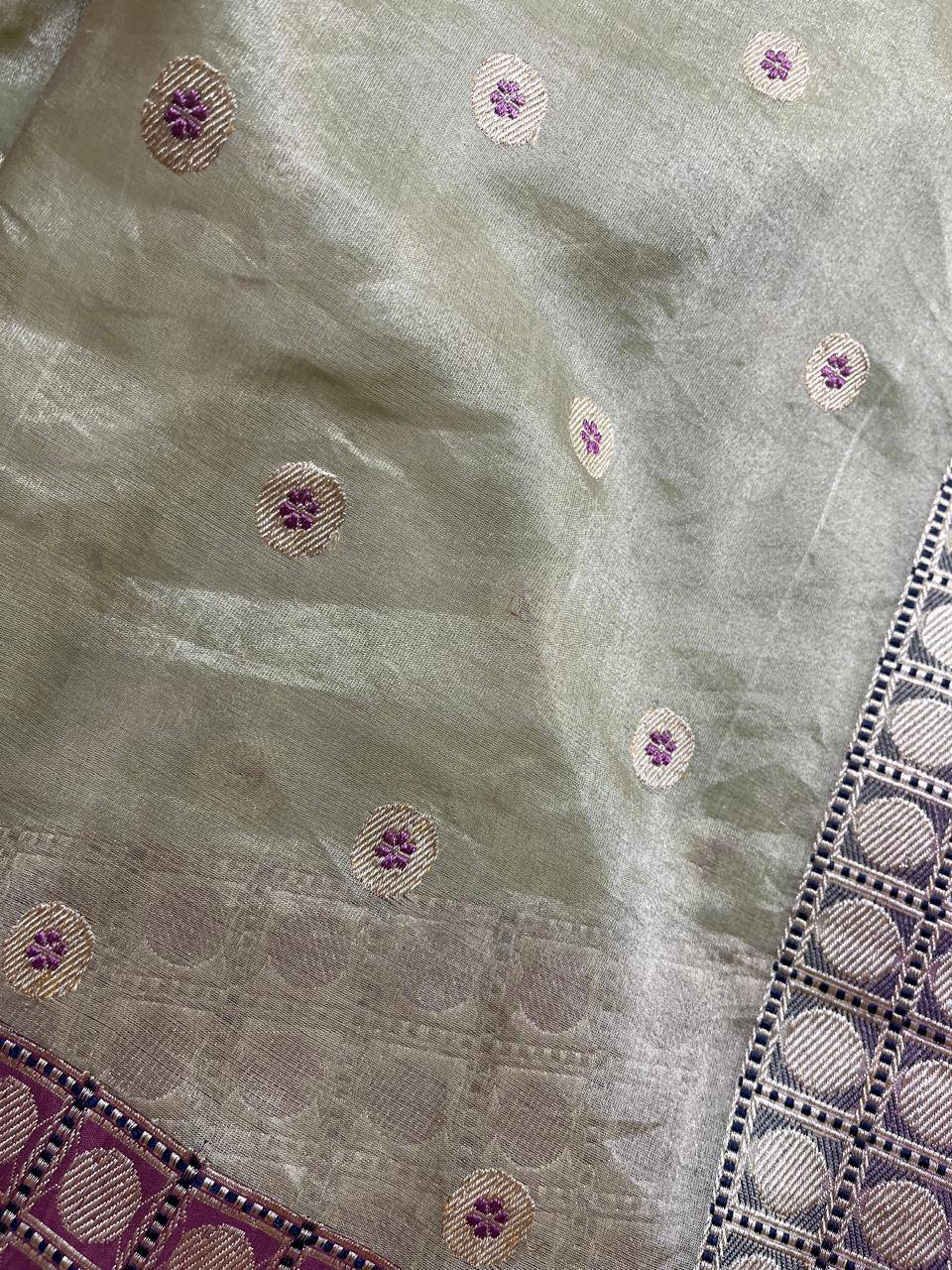 LIGHT PISTA GREEN KORA TISSUE PURE HANDLOOM BANARASI SAREE