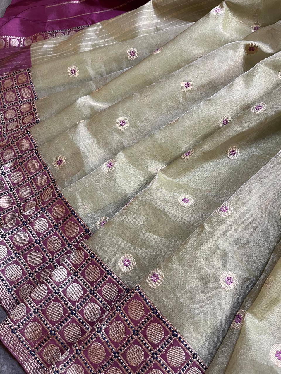LIGHT PISTA GREEN KORA TISSUE PURE HANDLOOM BANARASI SAREE