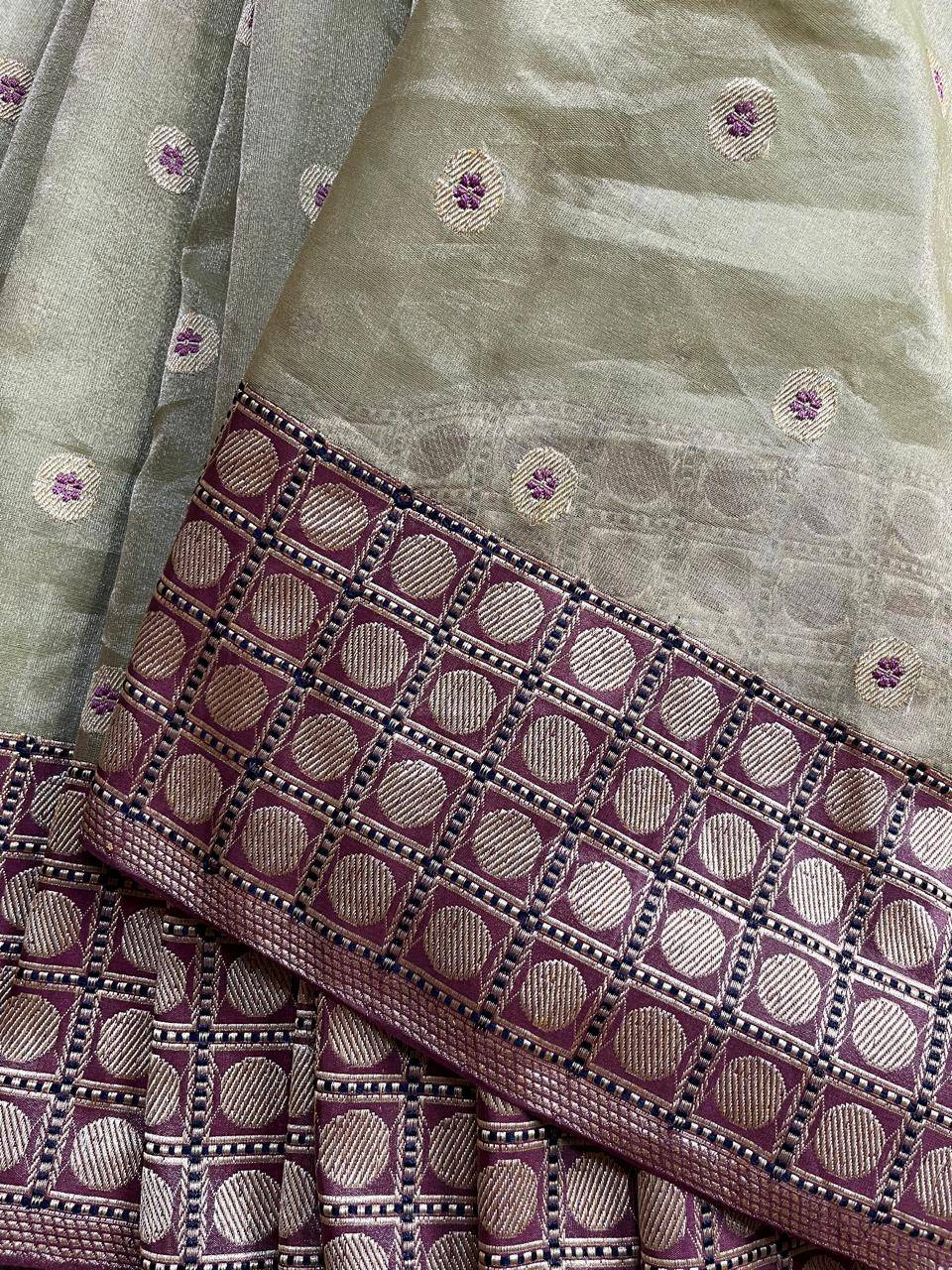 LIGHT PISTA GREEN KORA TISSUE PURE HANDLOOM BANARASI SAREE