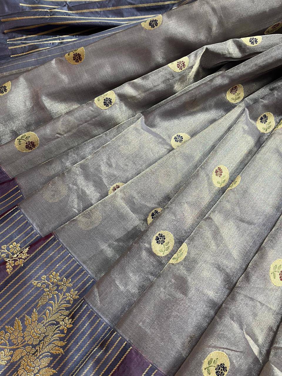 GREY KORA TISSUE PURE HANDLOOM BANARASI SAREE