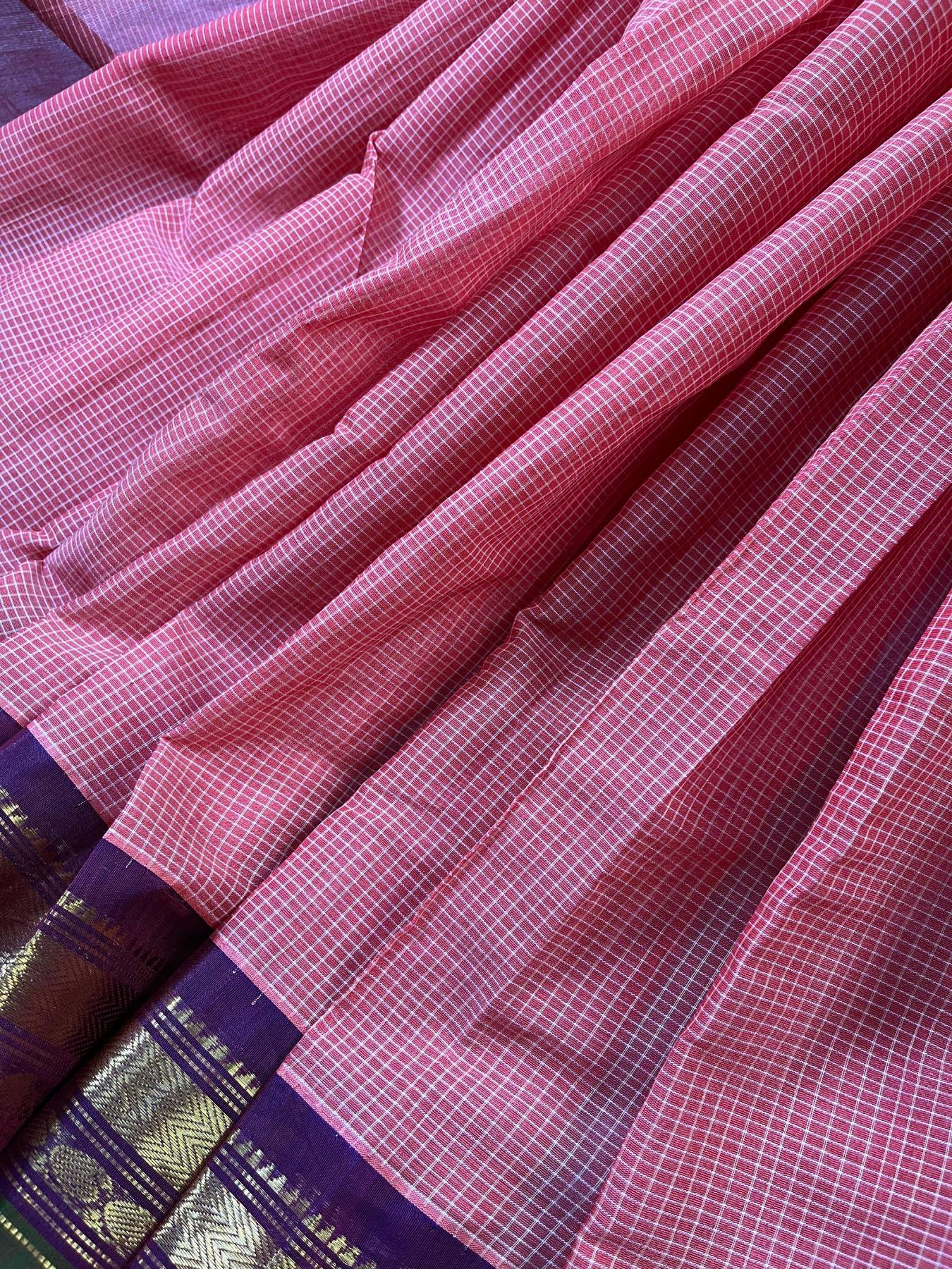 PINKISH ORANGE COTTON PURE HANDLOOM GADWAL SAREE