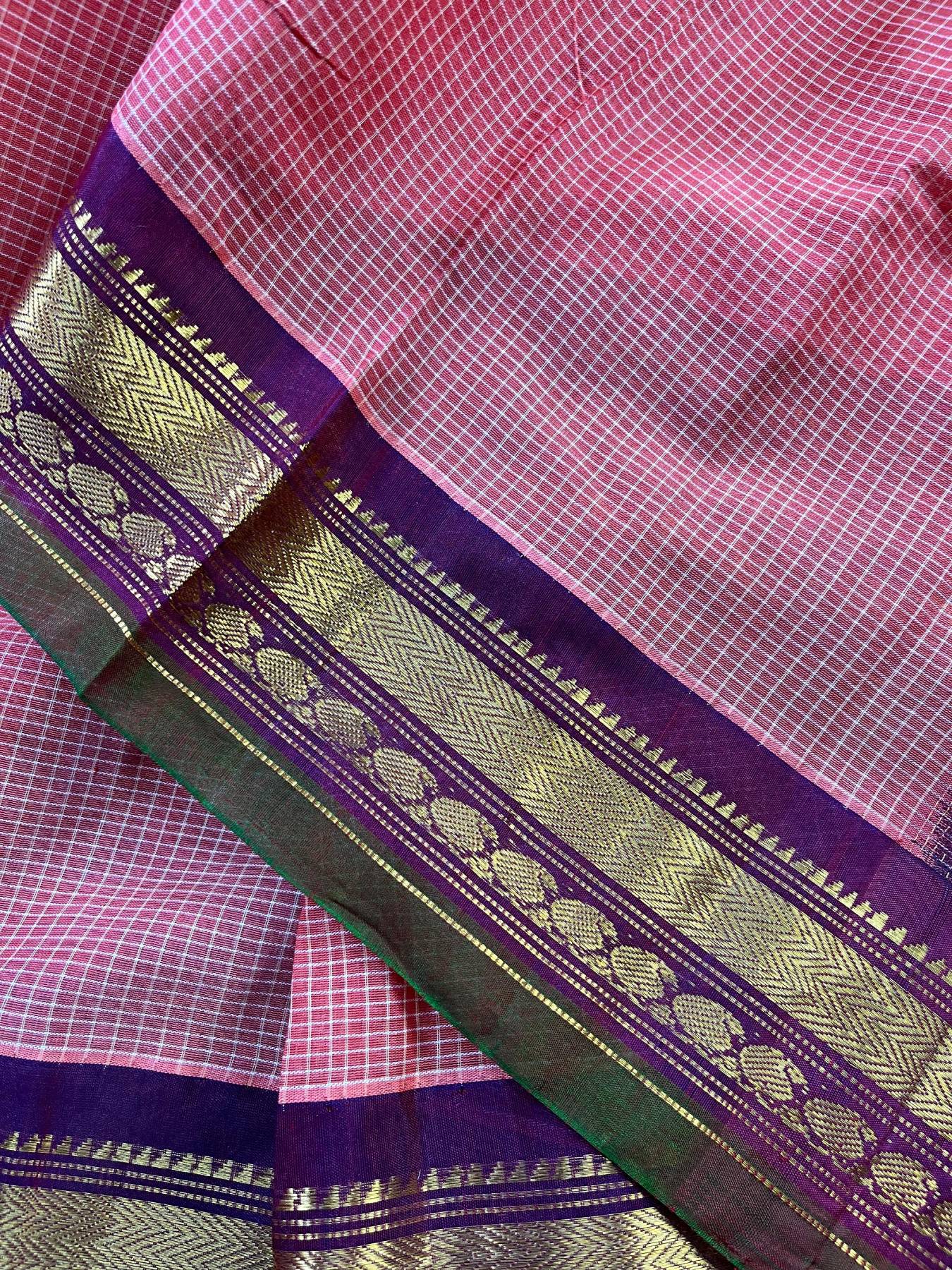 PINKISH ORANGE COTTON PURE HANDLOOM GADWAL SAREE