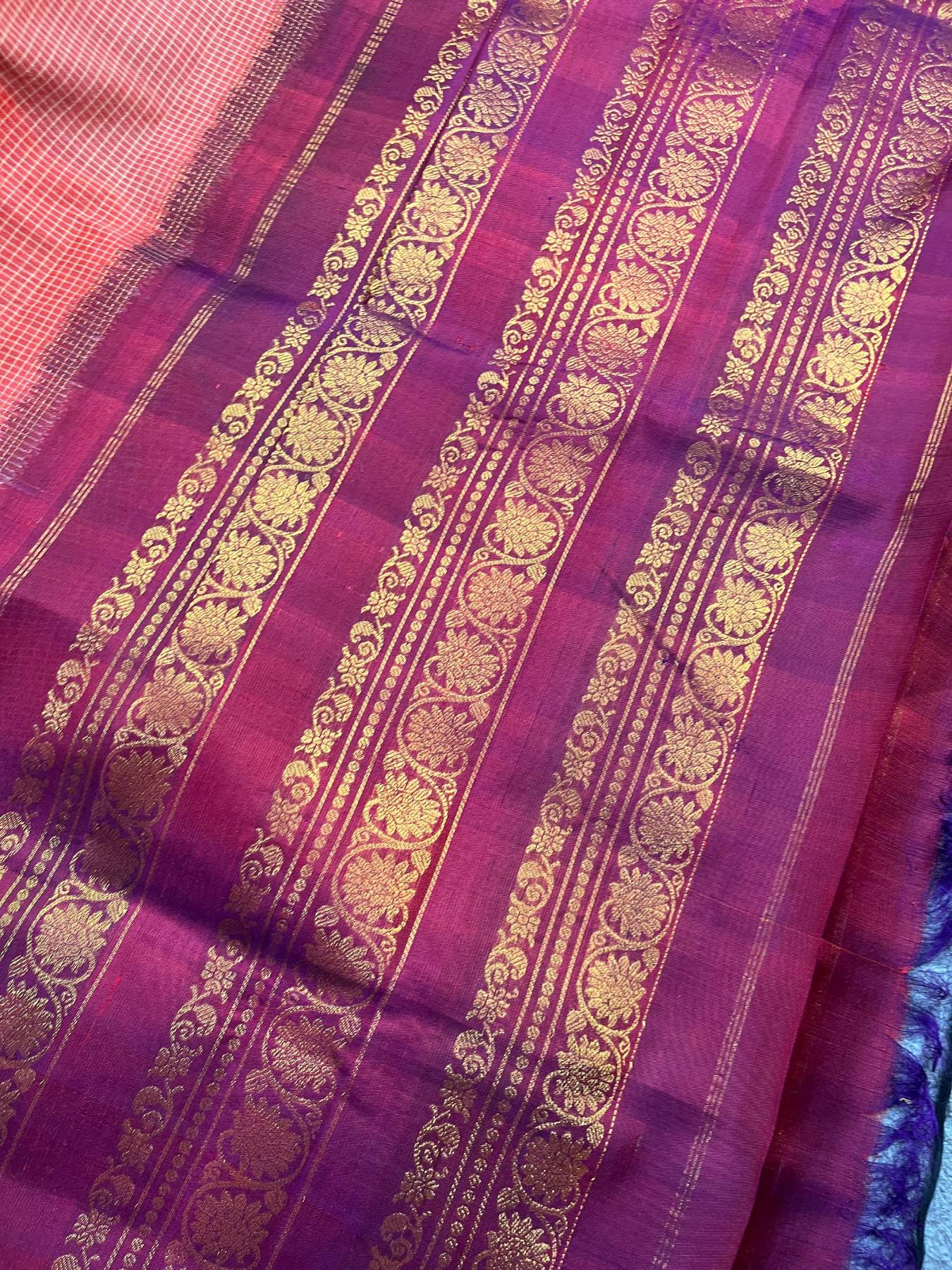PINKISH ORANGE COTTON PURE HANDLOOM GADWAL SAREE