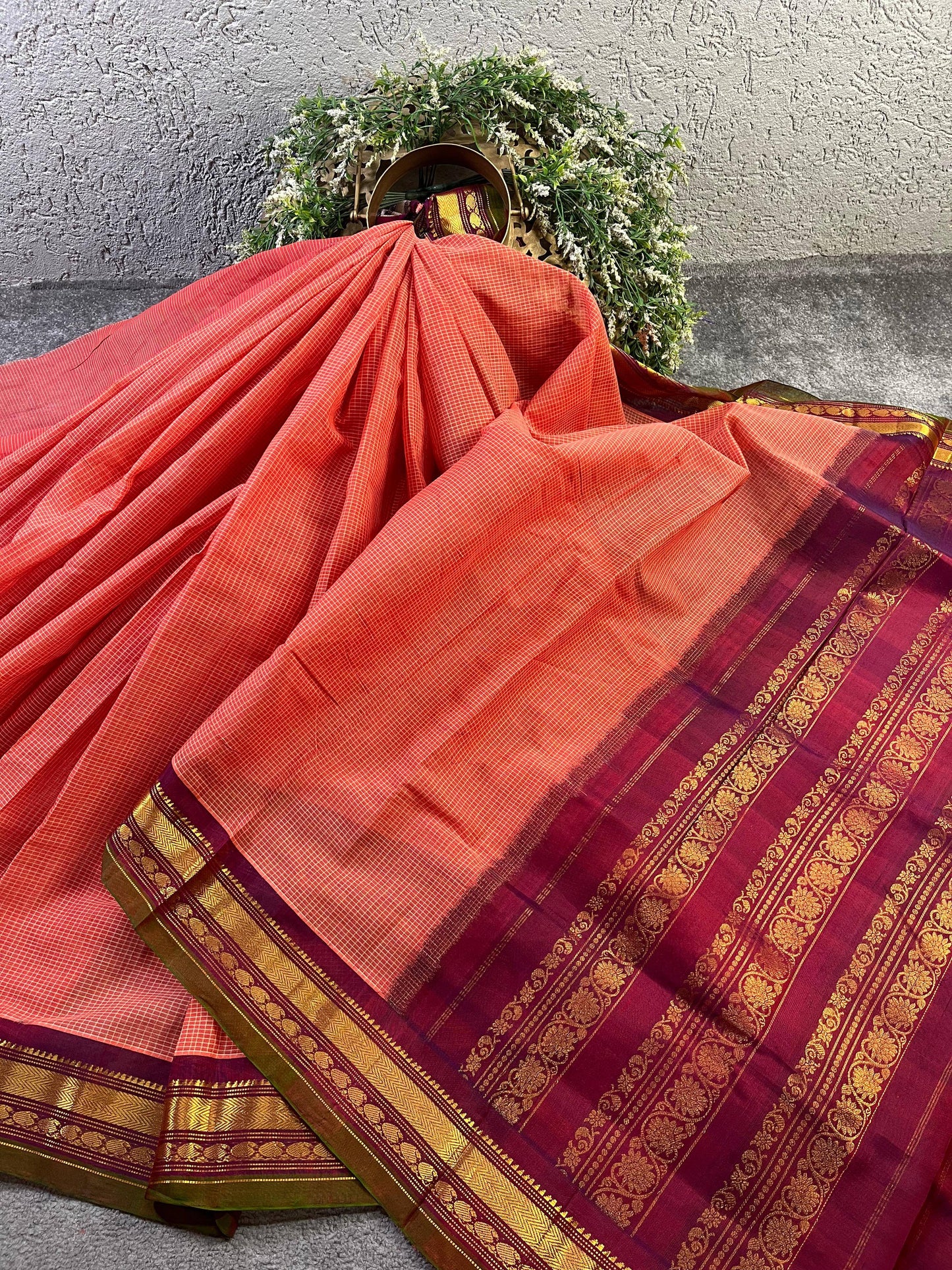 PINKISH ORANGE COTTON PURE HANDLOOM GADWAL SAREE