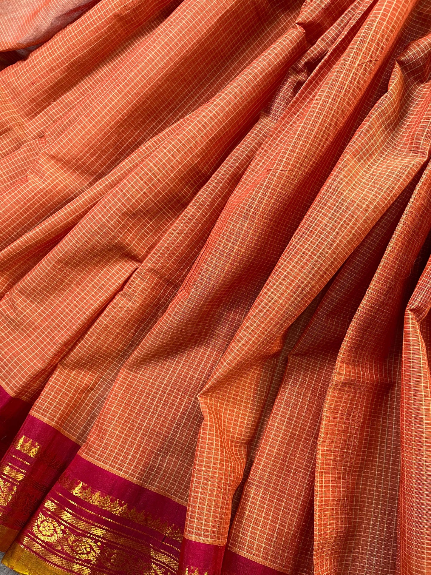 ORANGE COTTON PURE HANDLOOM GADWAL SAREE