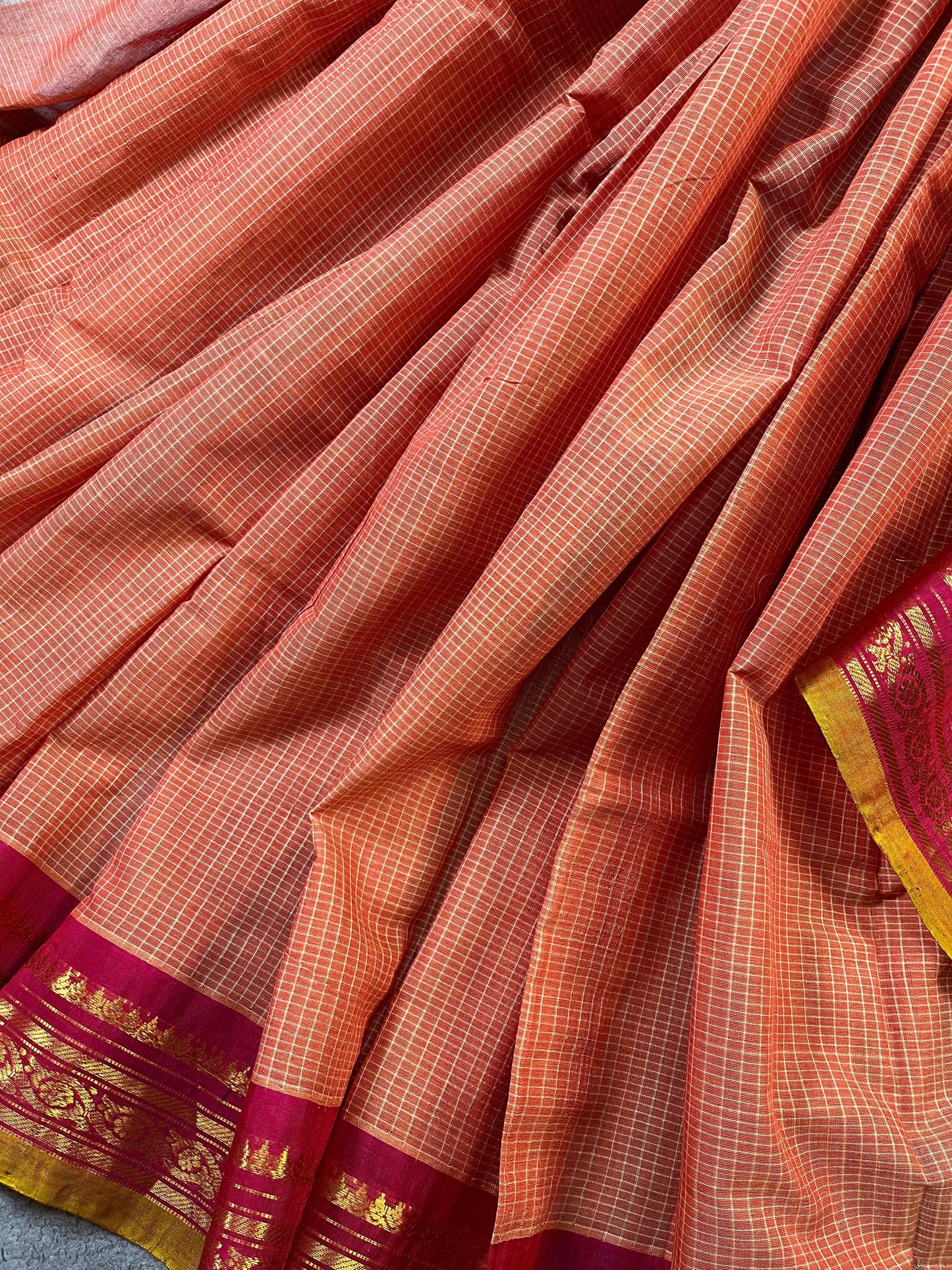 ORANGE COTTON PURE HANDLOOM GADWAL SAREE