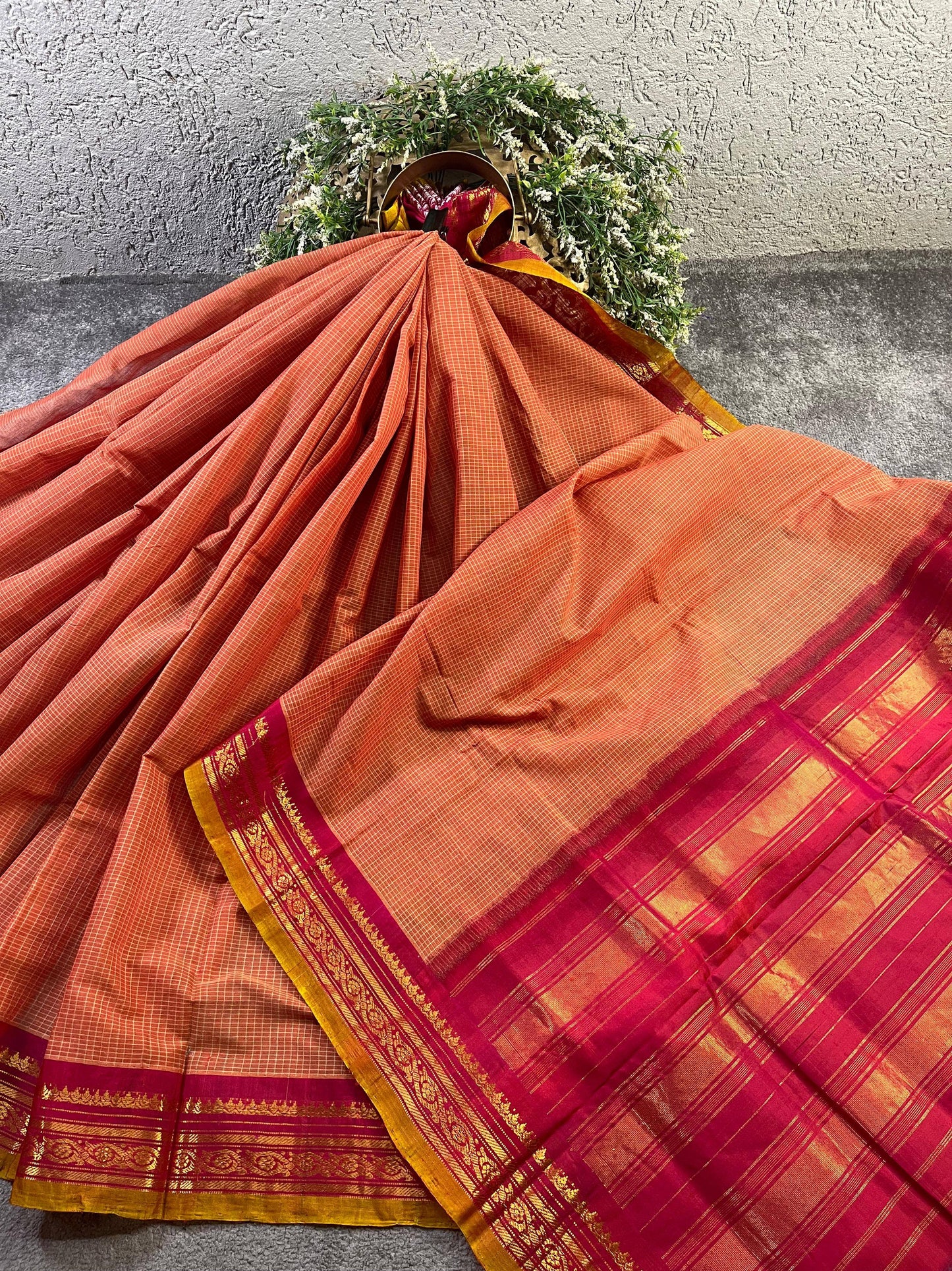 ORANGE COTTON PURE HANDLOOM GADWAL SAREE