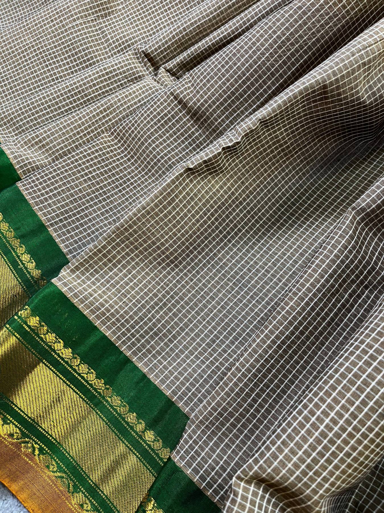 GREEN GREY COTTON PURE HANDLOOM GADWAL SAREE