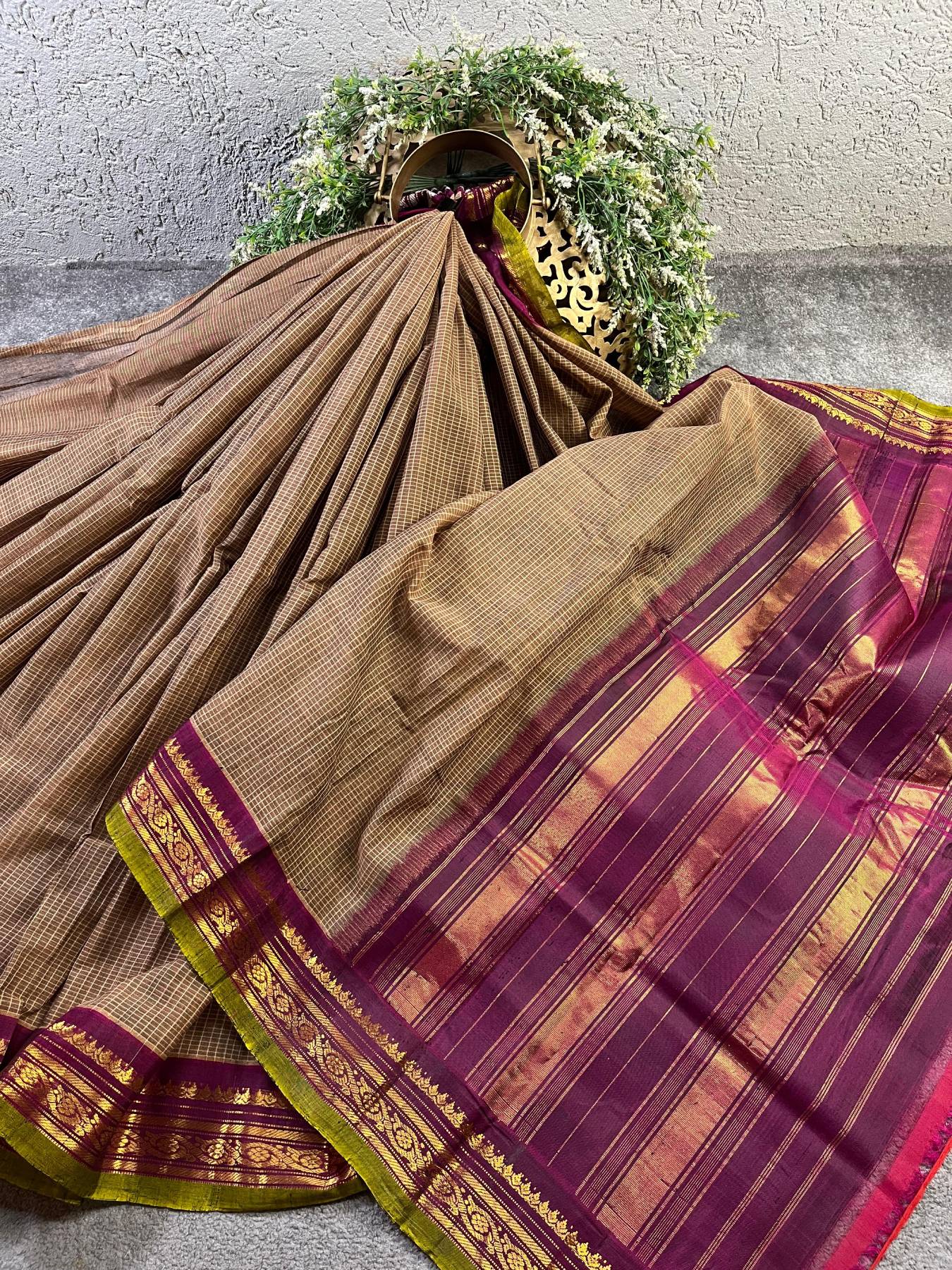 BROWN COTTON PURE HANDLOOM GADWAL SAREE