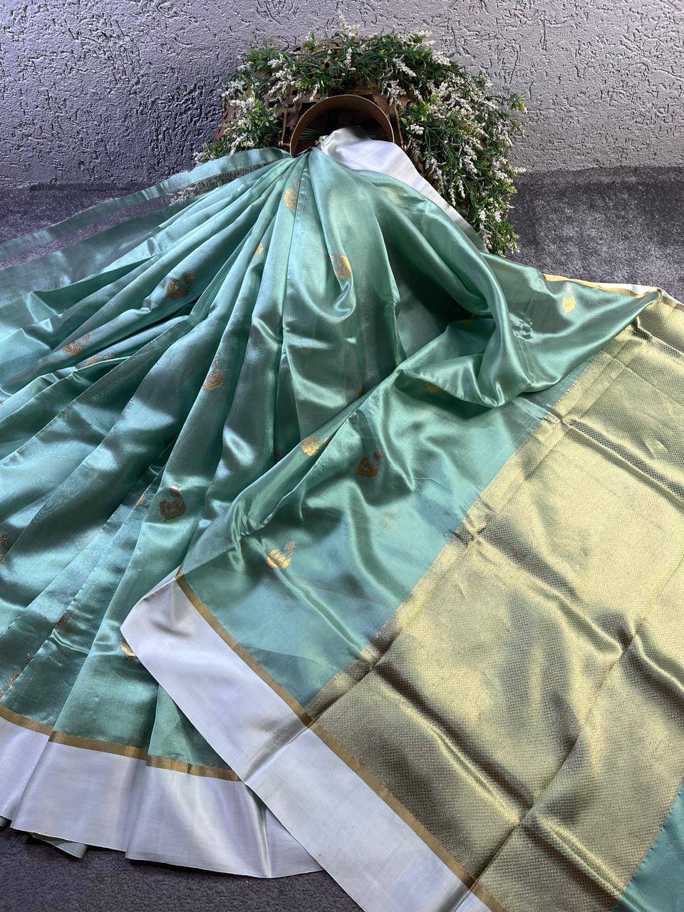 ICE BLUE SILK PURE HANDLOOM CHANDERI SAREE