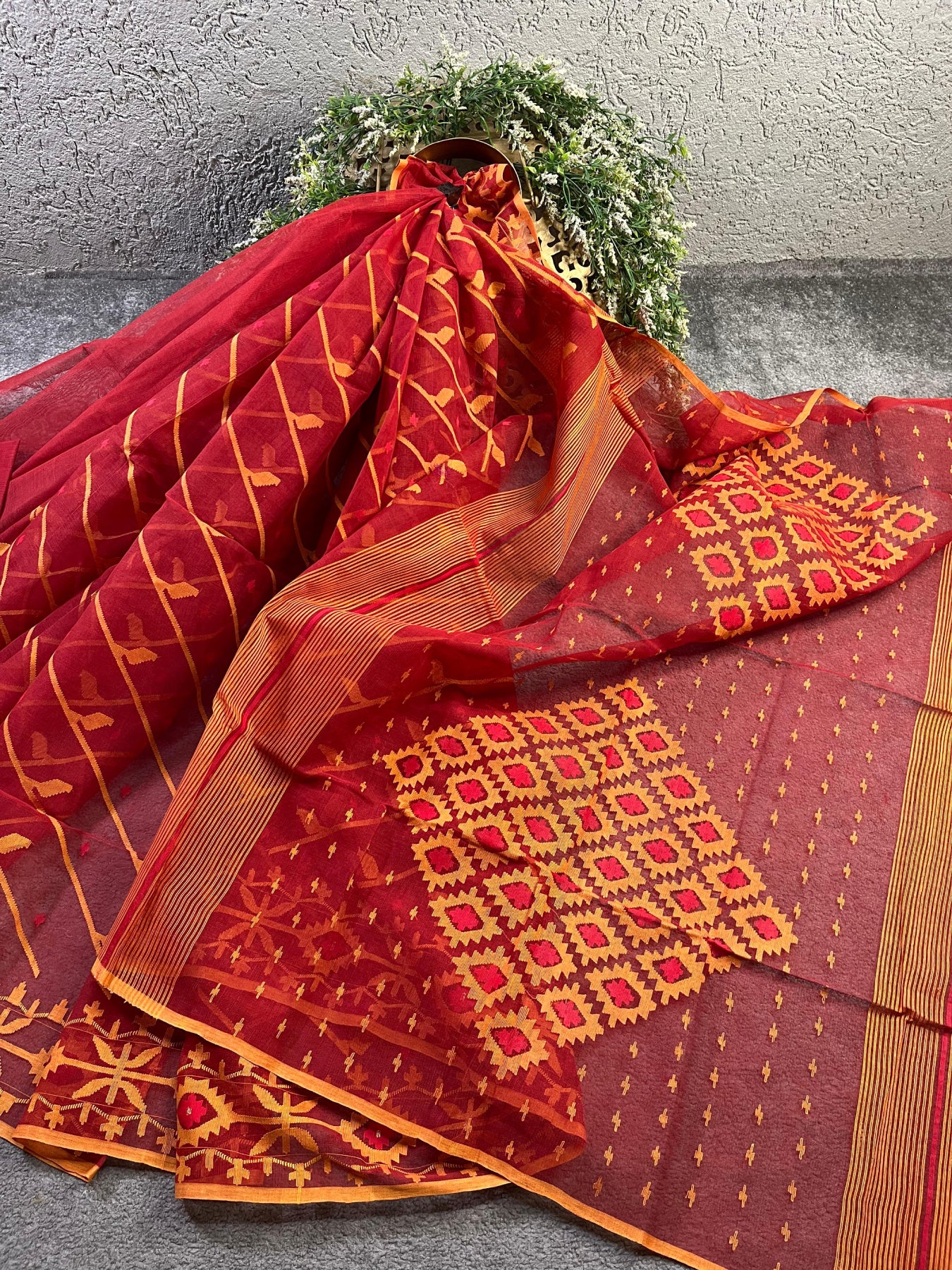 RED COTTON PURE HANDLOOM JAMDANI DHAKAI SAREE
