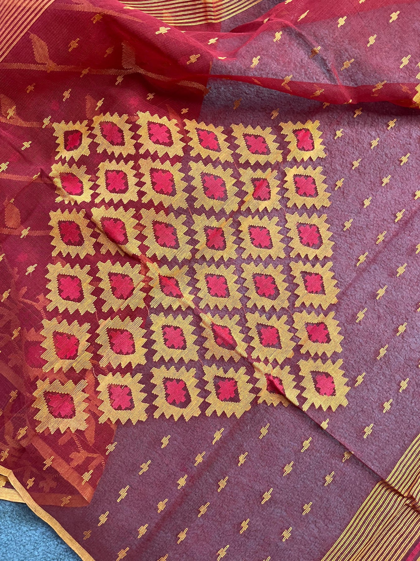 RED COTTON PURE HANDLOOM JAMDANI DHAKAI SAREE