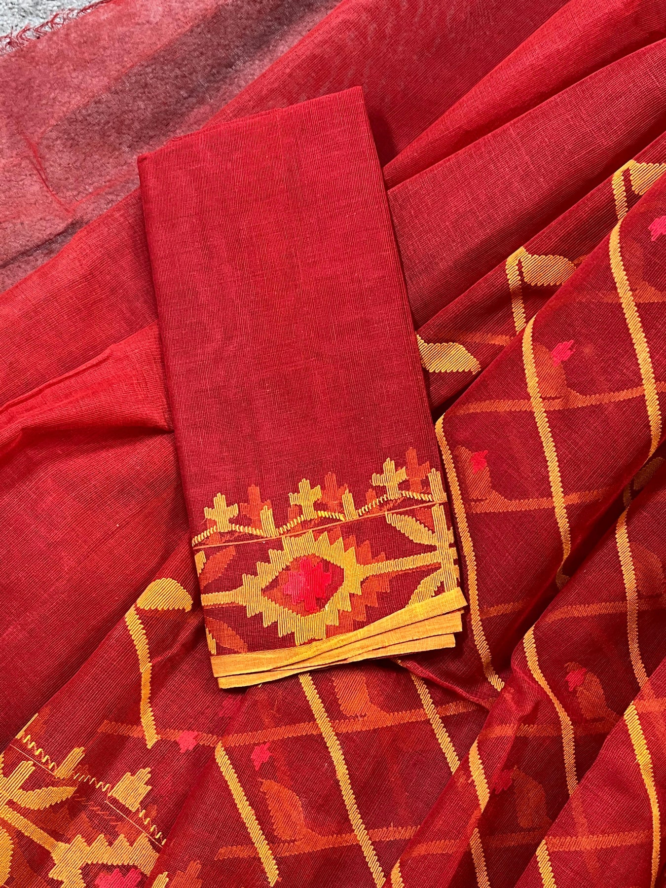 RED COTTON PURE HANDLOOM JAMDANI DHAKAI SAREE
