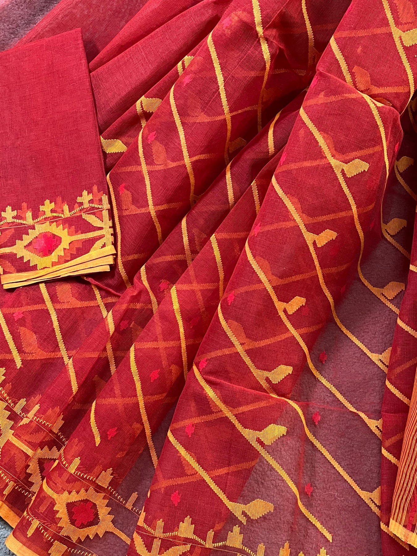 RED COTTON PURE HANDLOOM JAMDANI DHAKAI SAREE