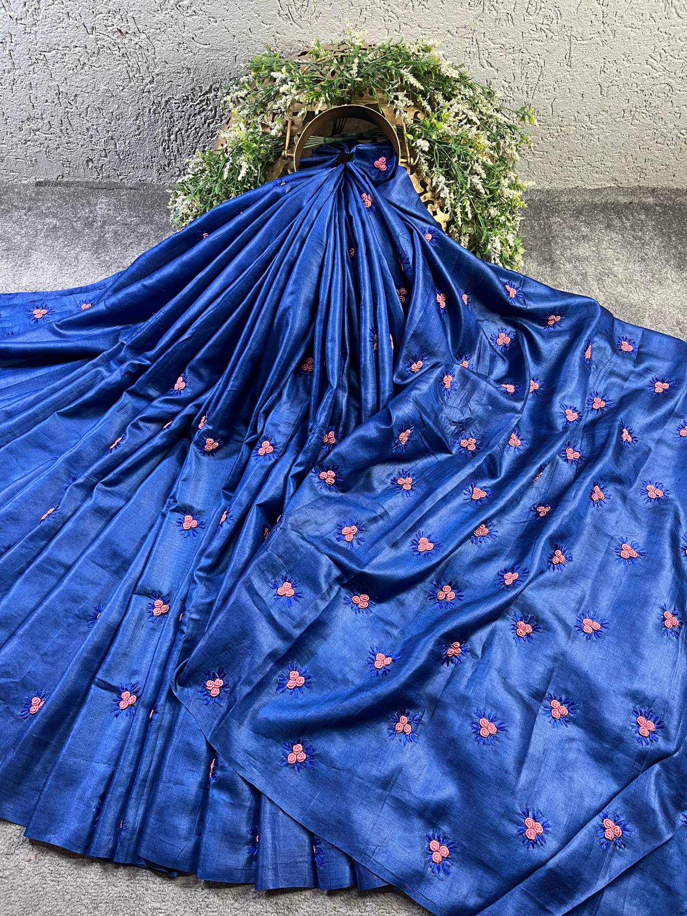 ROYAL BLUE TASSAR SILK PURE HANDLOOM FULKARI SAREE