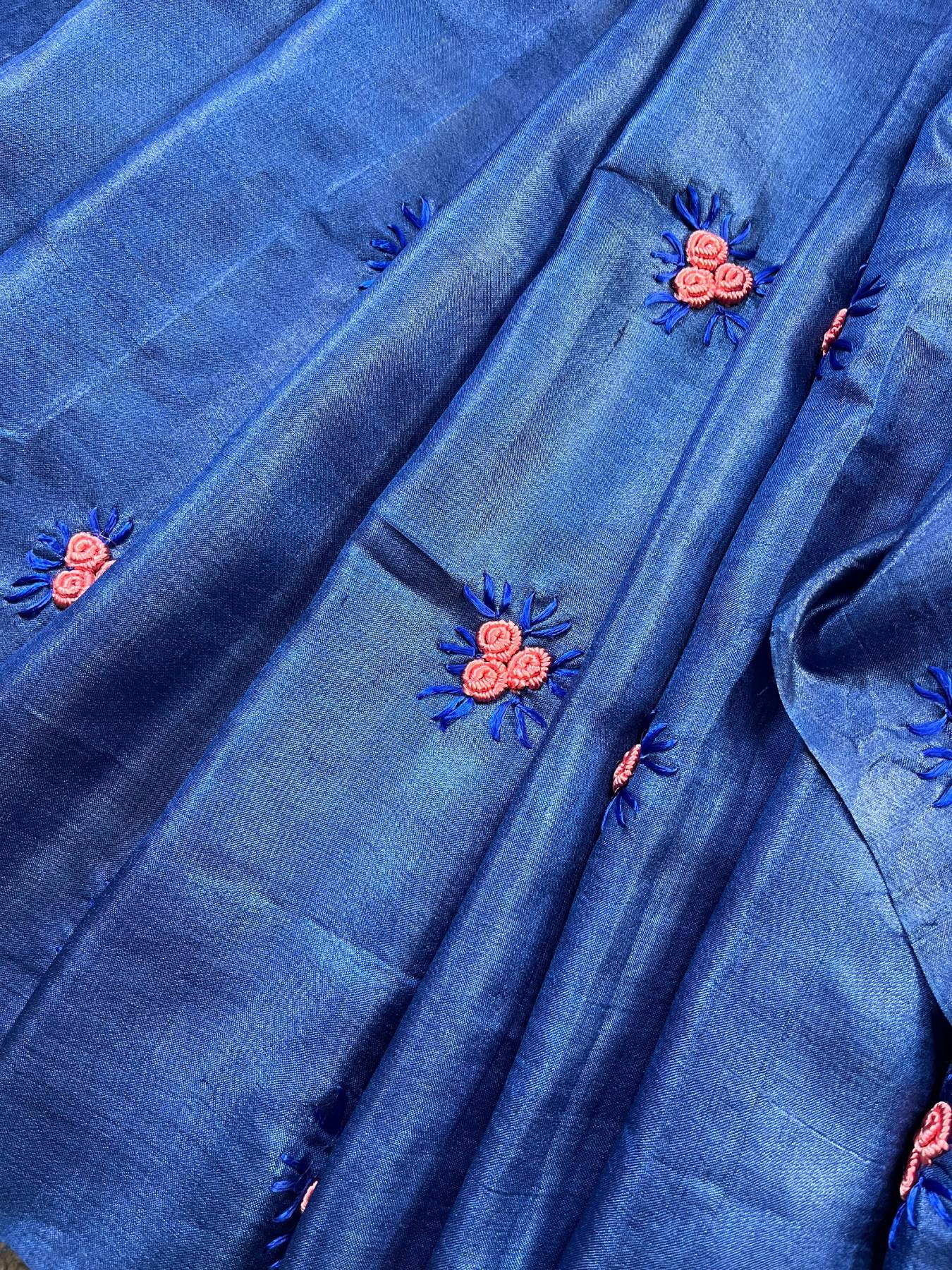 ROYAL BLUE TASSAR SILK PURE HANDLOOM FULKARI SAREE