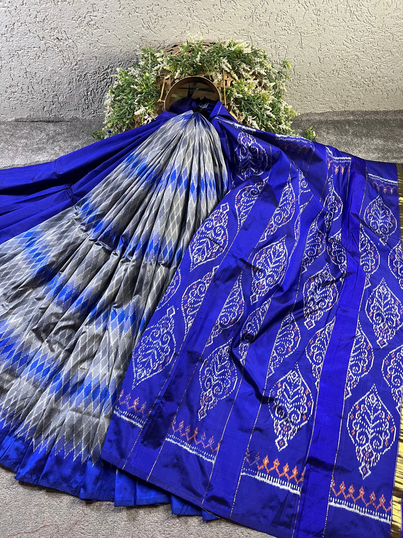 GREY BLUE SILK PURE HANDLOOM IKKAT SAREE