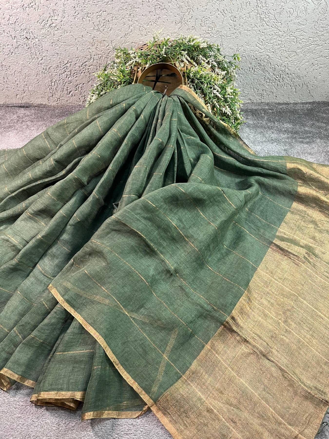 DARK GREEN PURE HANDLOOM LINEN SAREE