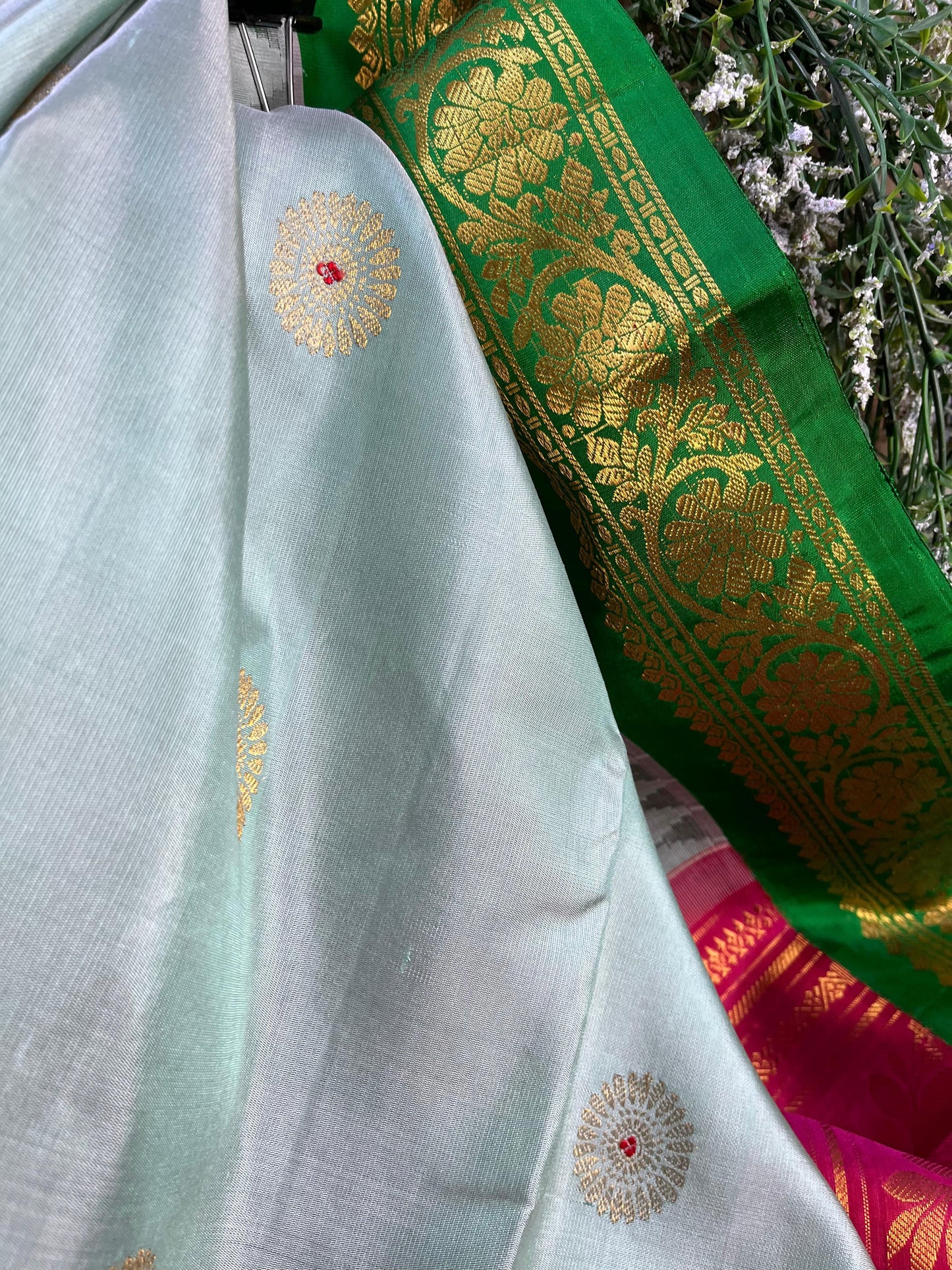 ICE BLUE SILK PURE HANDLOOM GADWAL SAREE