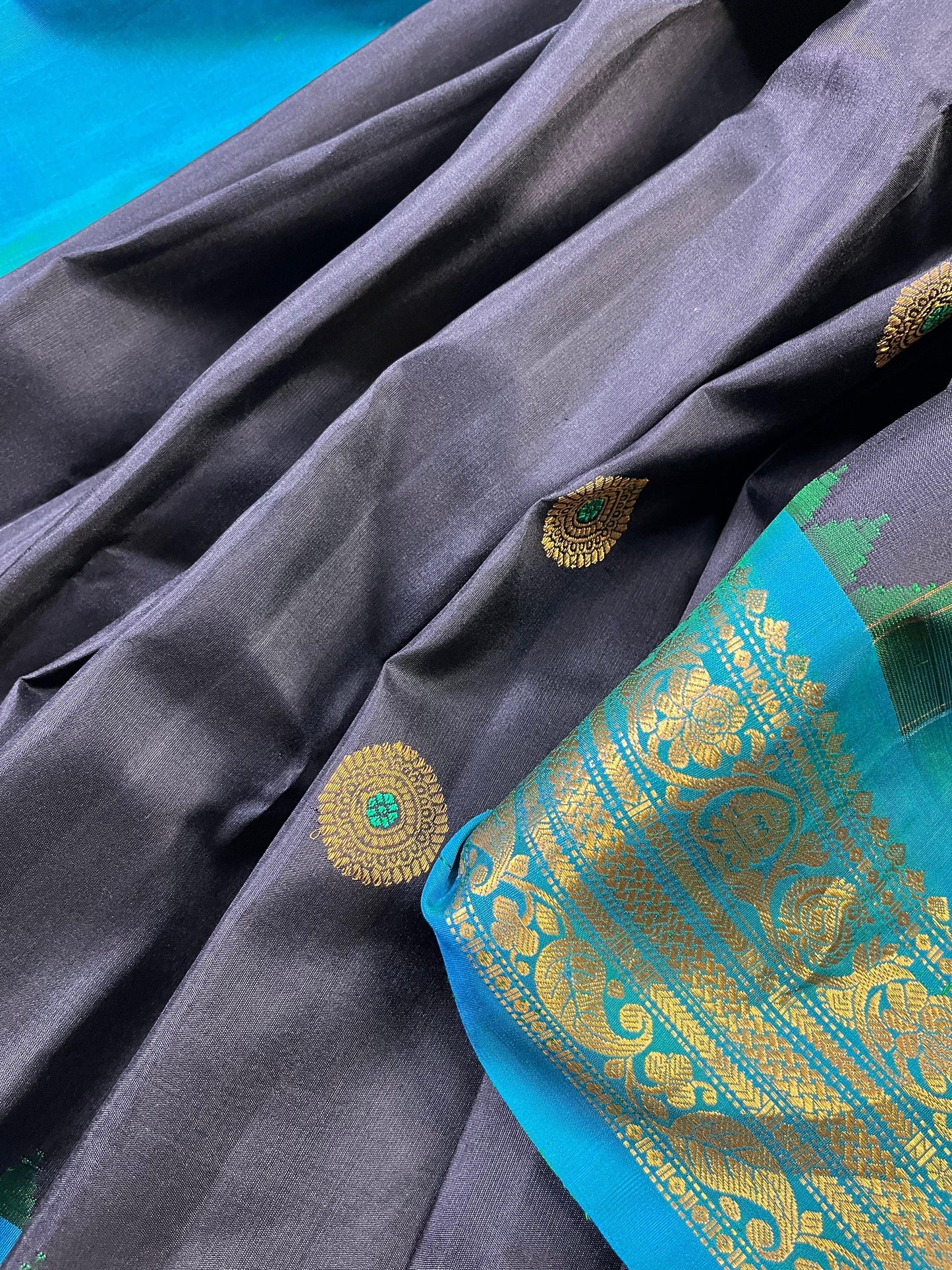 TEAL GREEN SILK PURE HANDLOOM GADWAL SAREE