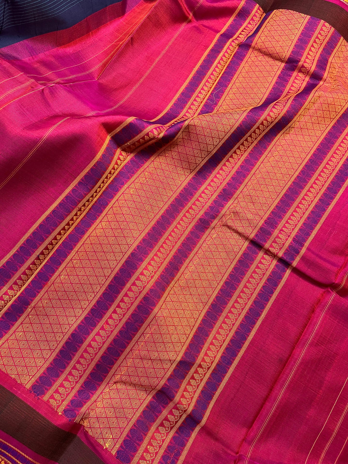 BLUE COTTON PURE HANDLOOM KANJIVARAM SAREE