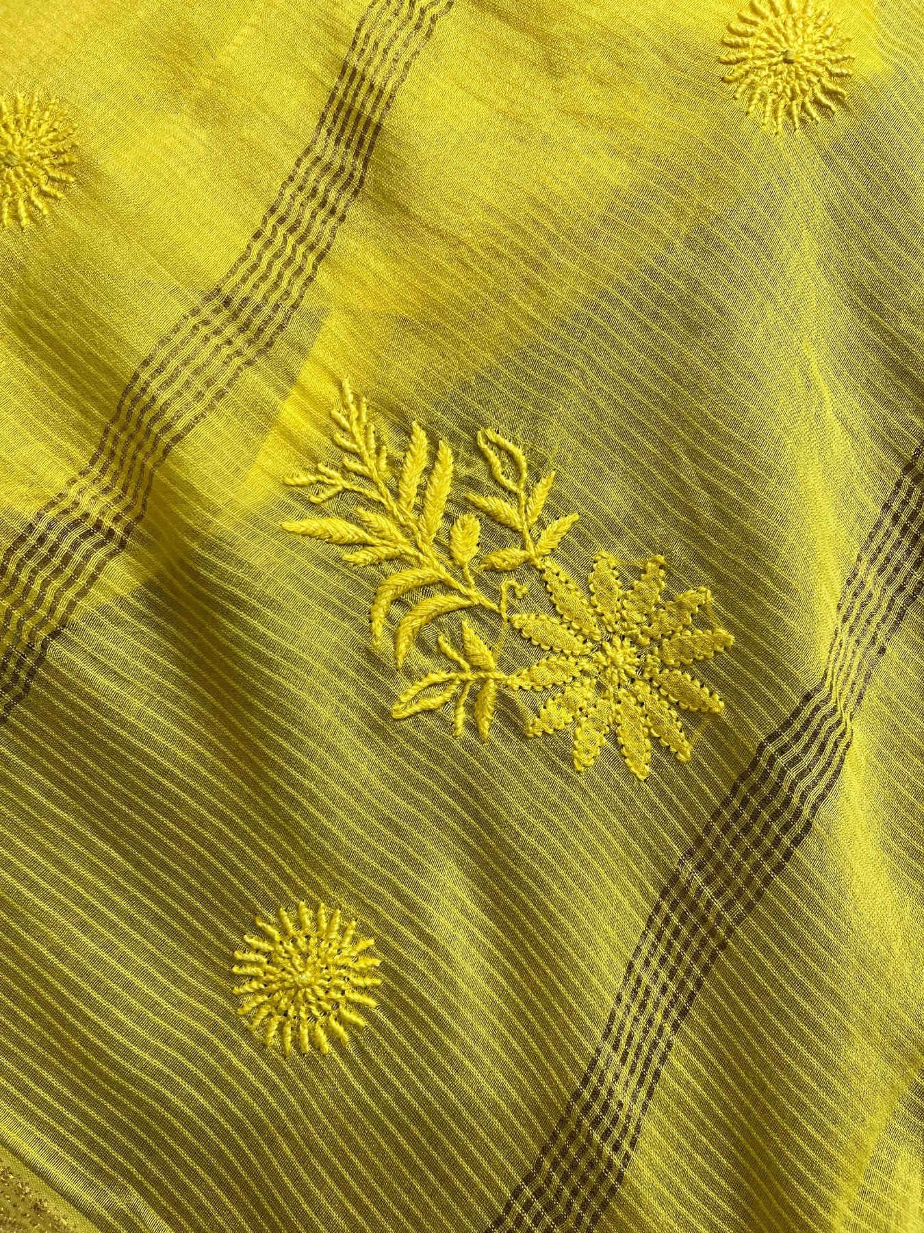 YELLOW COTTON PURE HANDLOOM LUCKNOWI SAREE