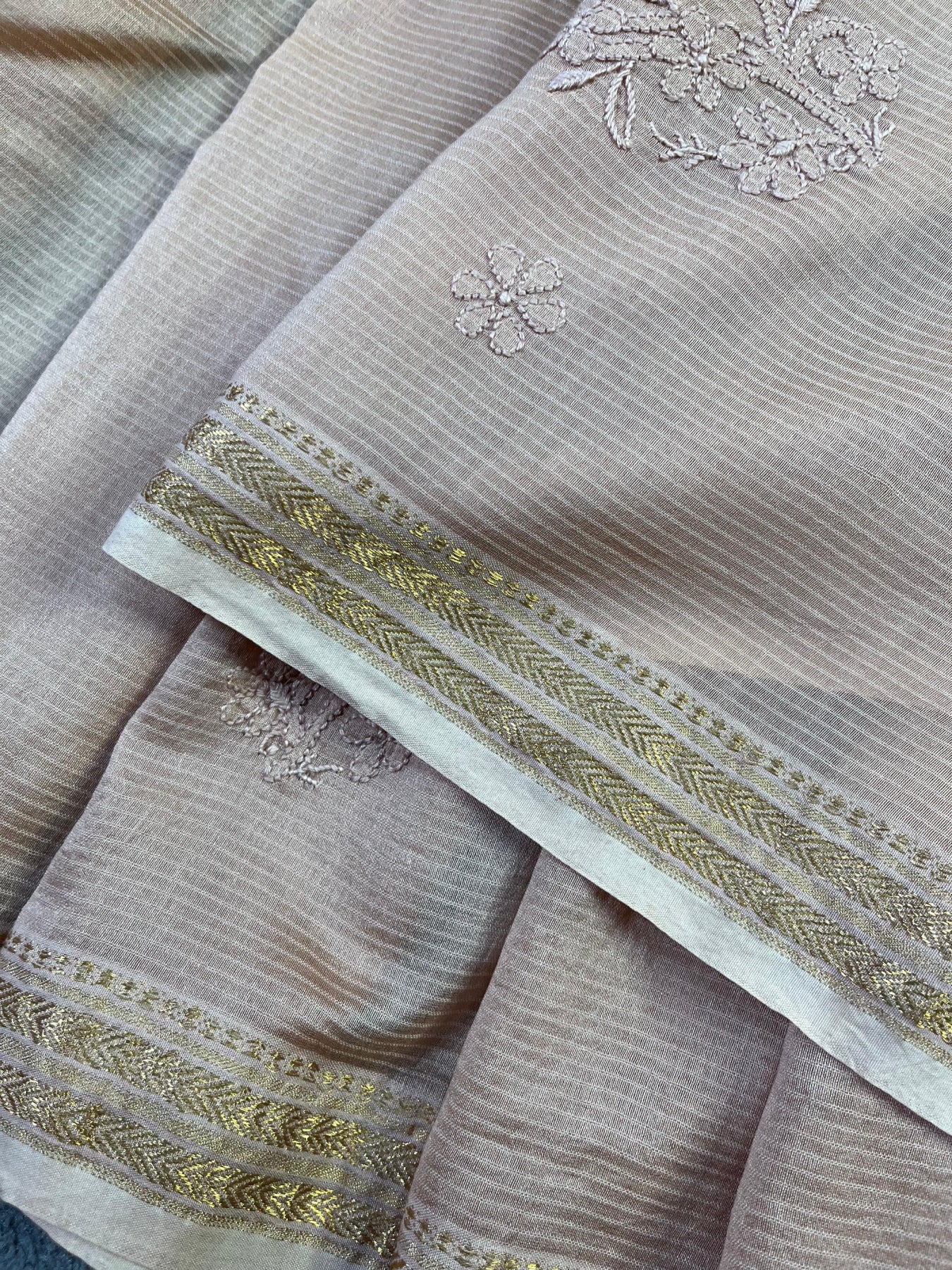 SANDALWOOD COTTON PURE HANDLOOM LUCKNOWI SAREE