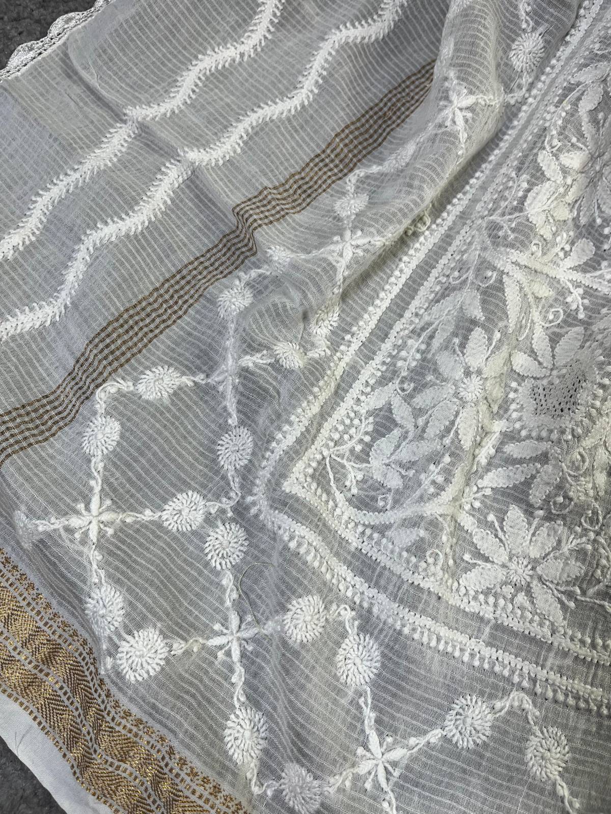 WHITE COTTON PURE HANDLOOM LUCKNOWI DUPATTA