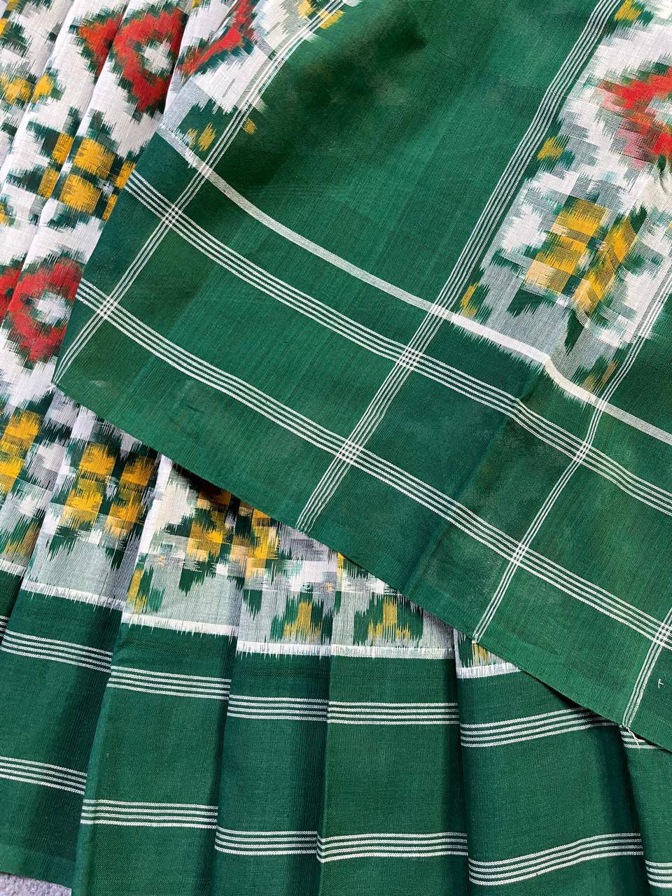 DARK GREEN COTTON PURE HANDLOOM IKKAT SAREE