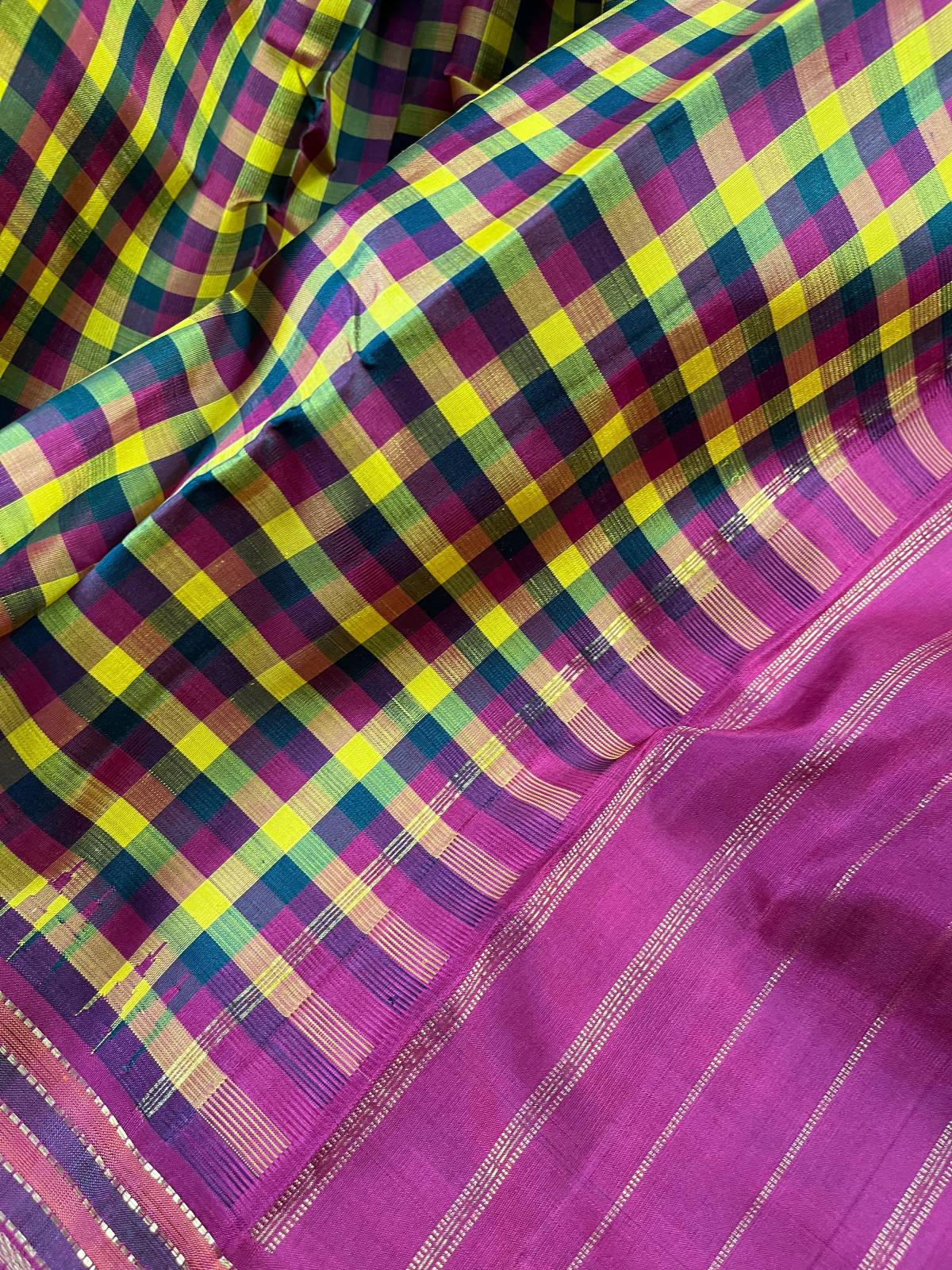 MUSTARD RED GREEN SILK PURE HANDLOOM KANJIVARM SAREE