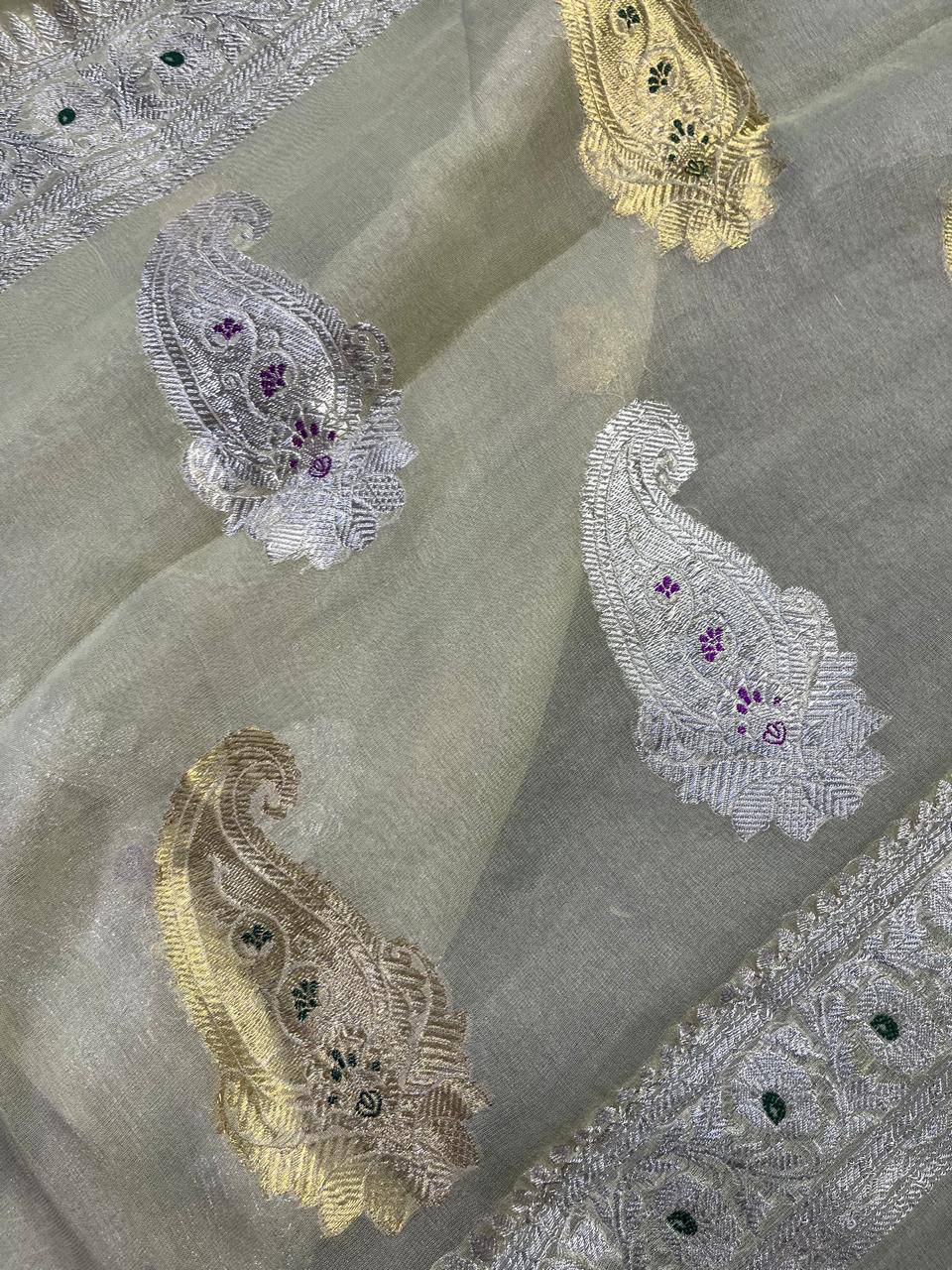 LIGHT PISTA GREEN TISSUE CHIFFON PURE HANDLOOM BANARASI SAREE