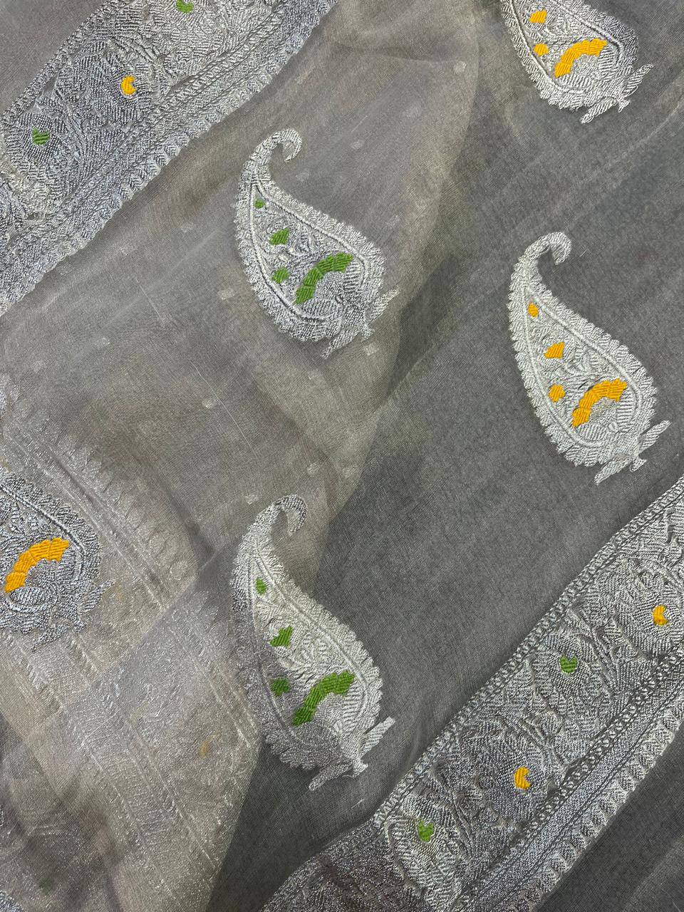 IVORY TISSUE CHIFFON PURE HANDLOOM BANARASI SAREE