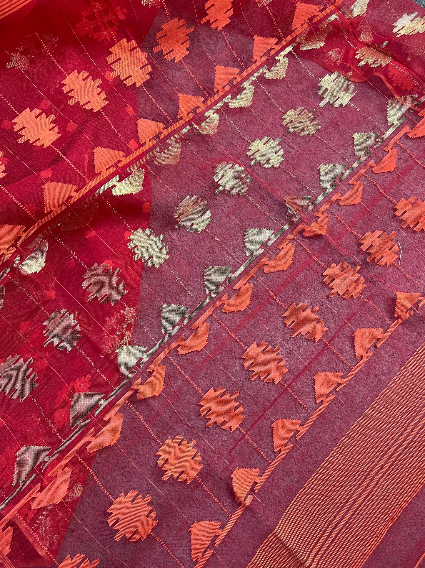 RED PURE HANDLOOM DHAKAI JAMDANI SAREE