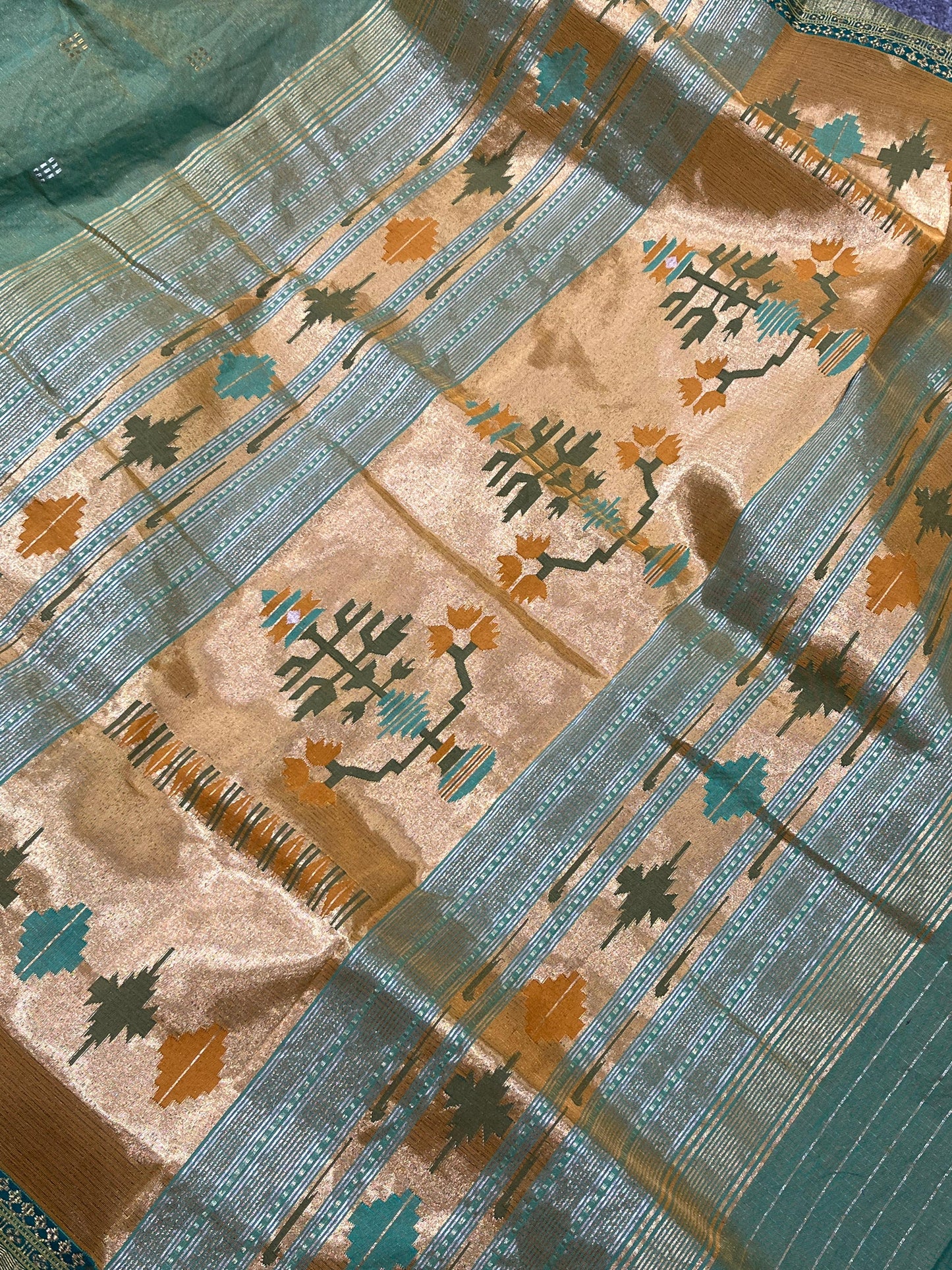 GREEN COTTON TISSUE PURE HANDLOOM PAITHANI SAREE