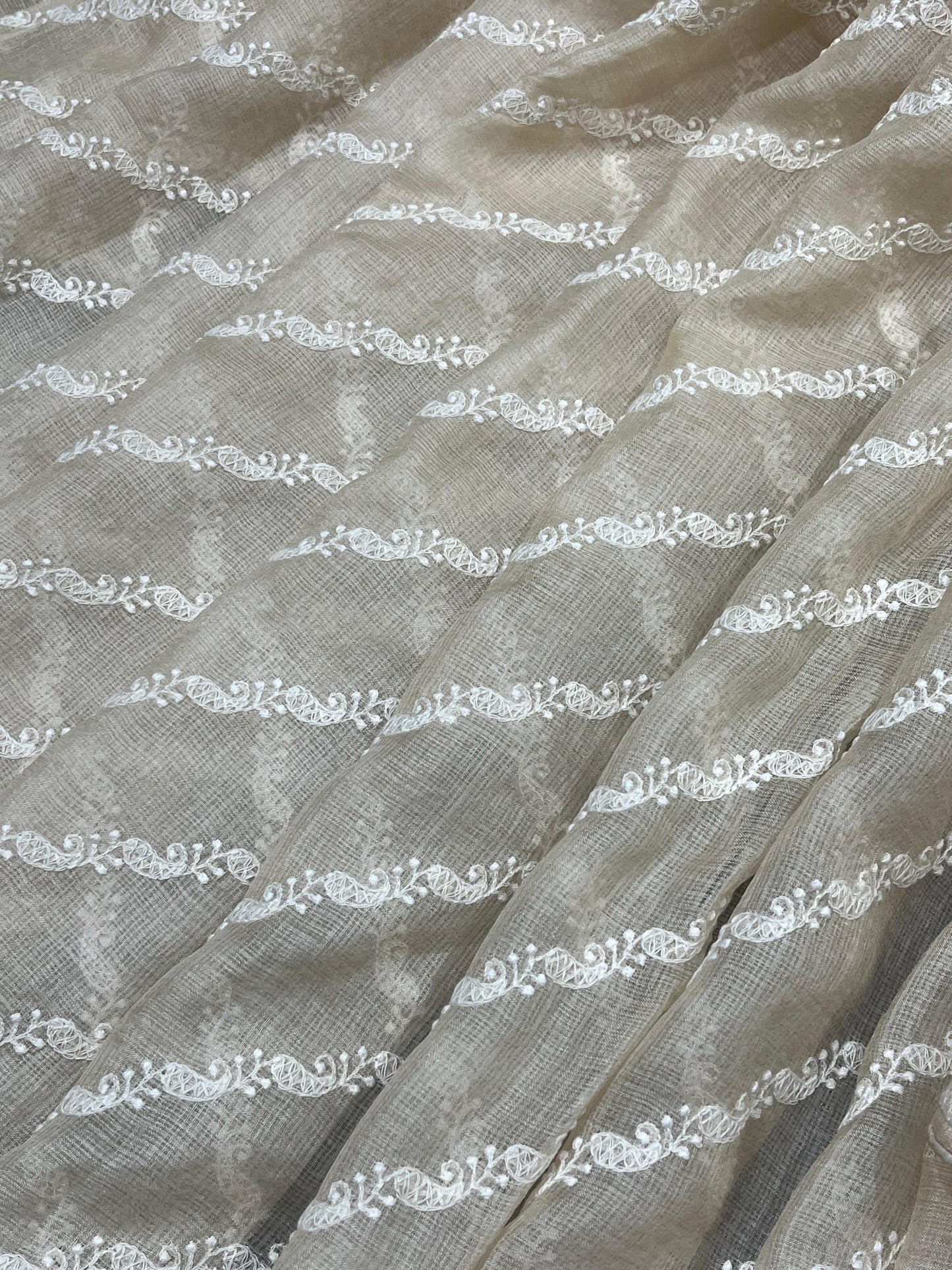 LIGHT BEIGE KOTA PURE HANDLOOM LUCKNOWI SAREE