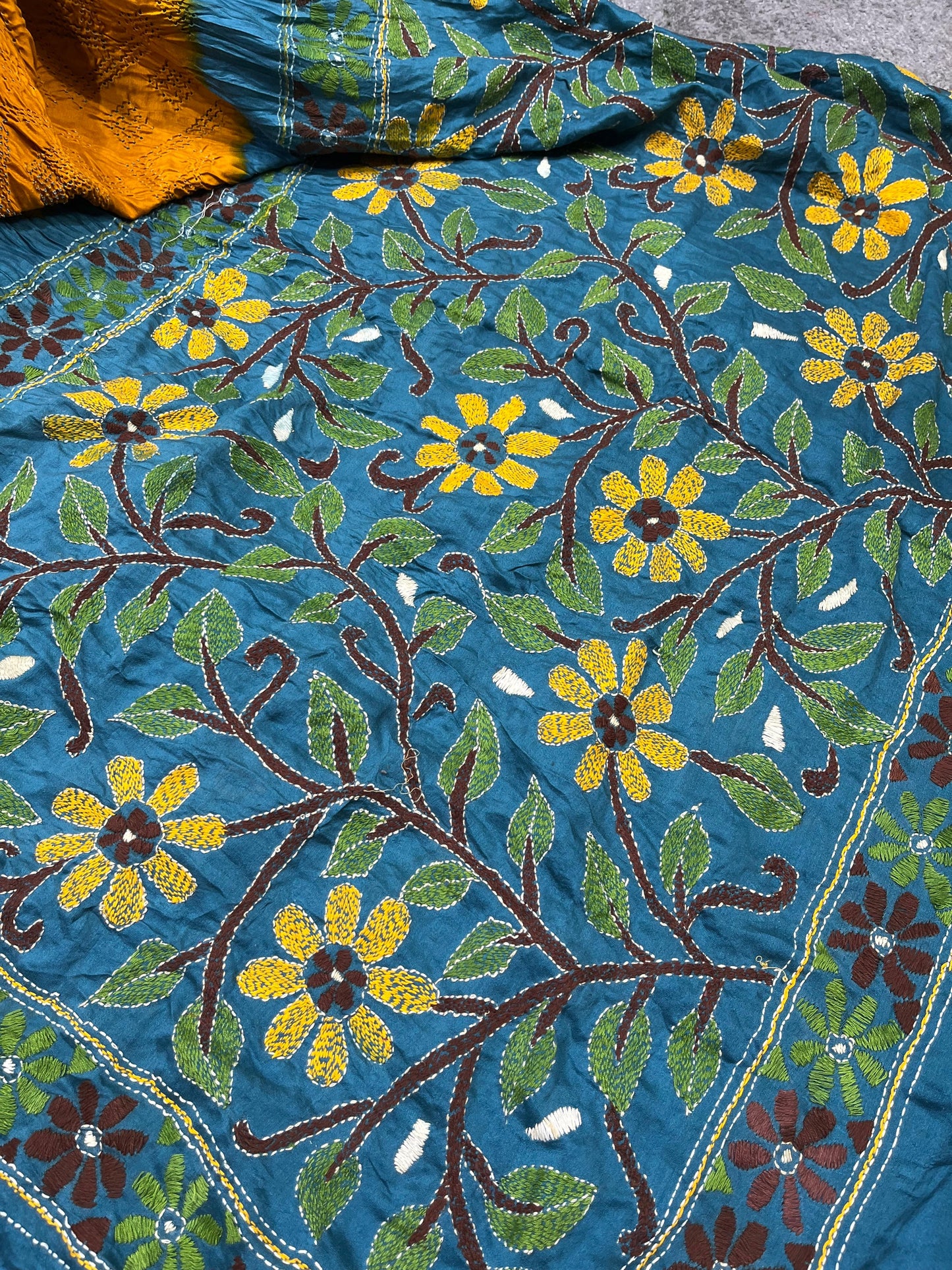 YELLOW GAJJI SILK PURE HANDLOOM KANTHA EMBROIDERY BANDHEJ SAREE