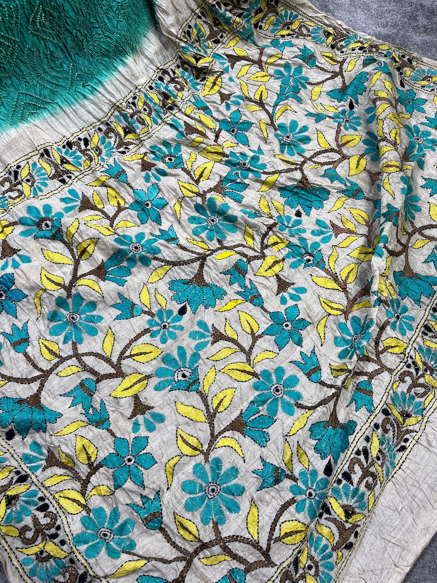 AQUA BLUE MOONGA TASSAR PURE HANDLOOM BHANDEJ SAREE