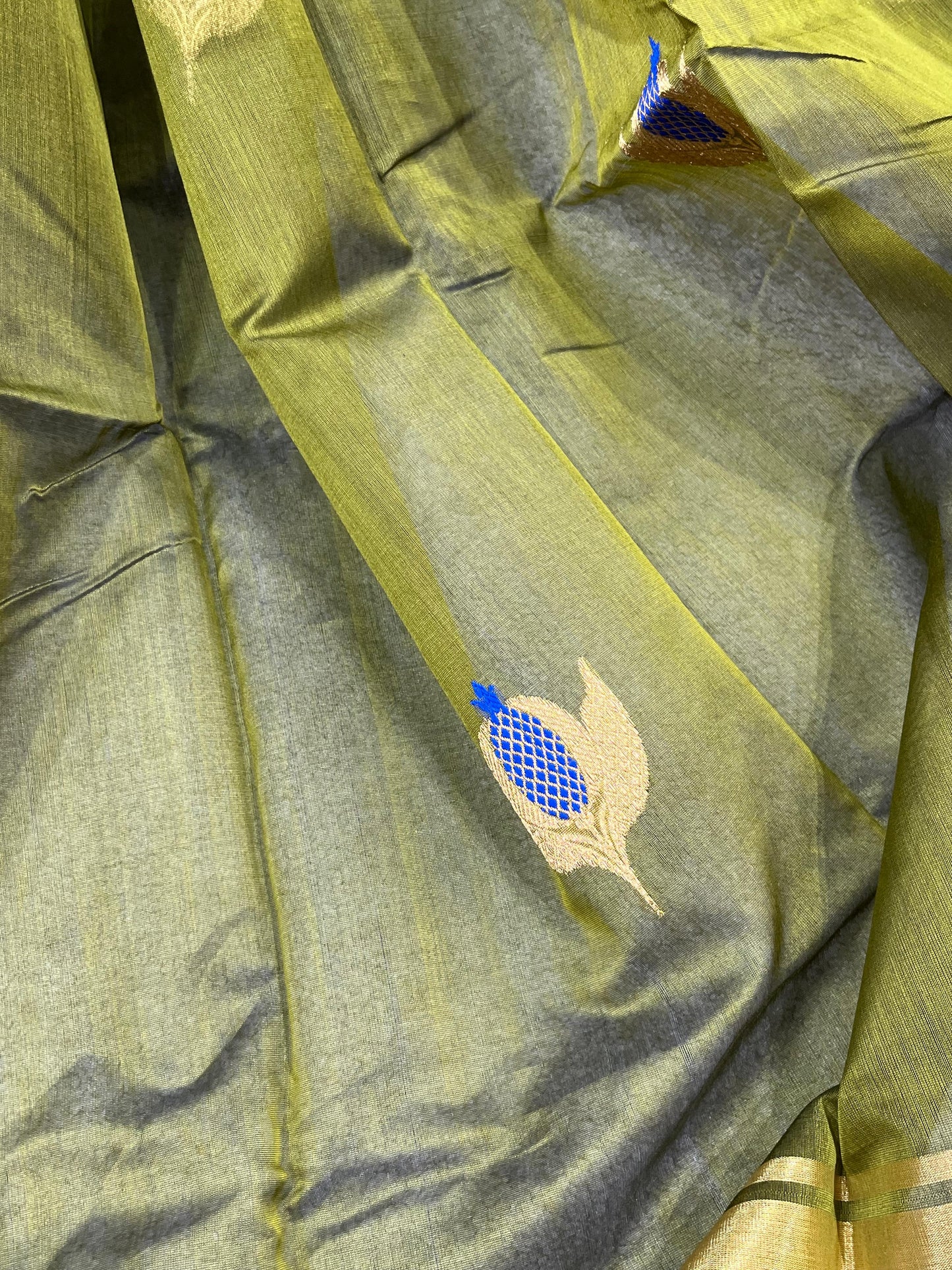 OLIVE GREEN COTTON PURE HANDLOOM CHANDERI SAREE