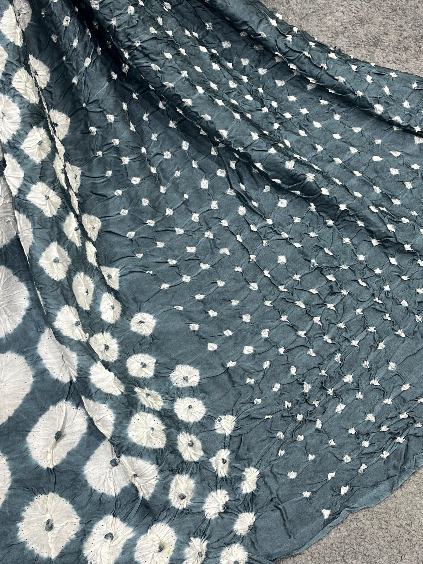 TEAL GREY SILK PURE HANDLOOM BHANDEJ DUPATTA