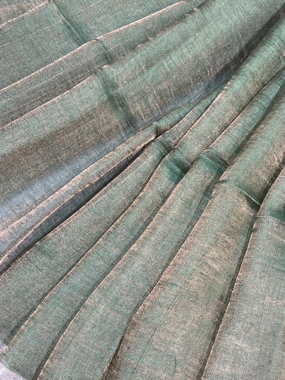 GREEN TISSUE PURE HANDLOOM LINEN SAREE