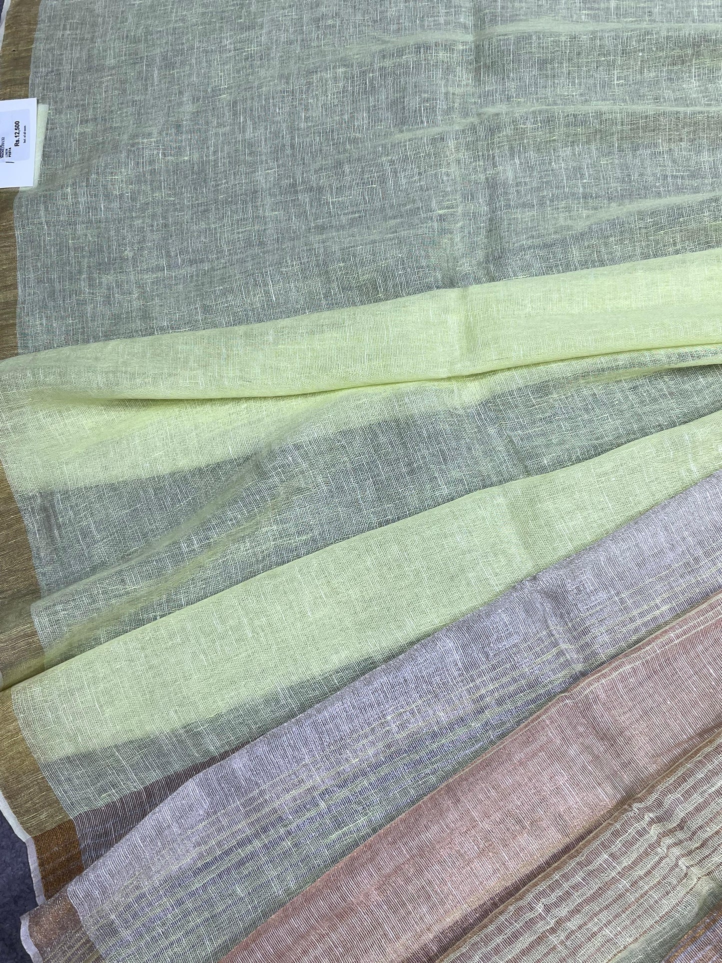 LIME GREEN PURE HANDLOOM LINEN TISSUE STRIPES SAREE